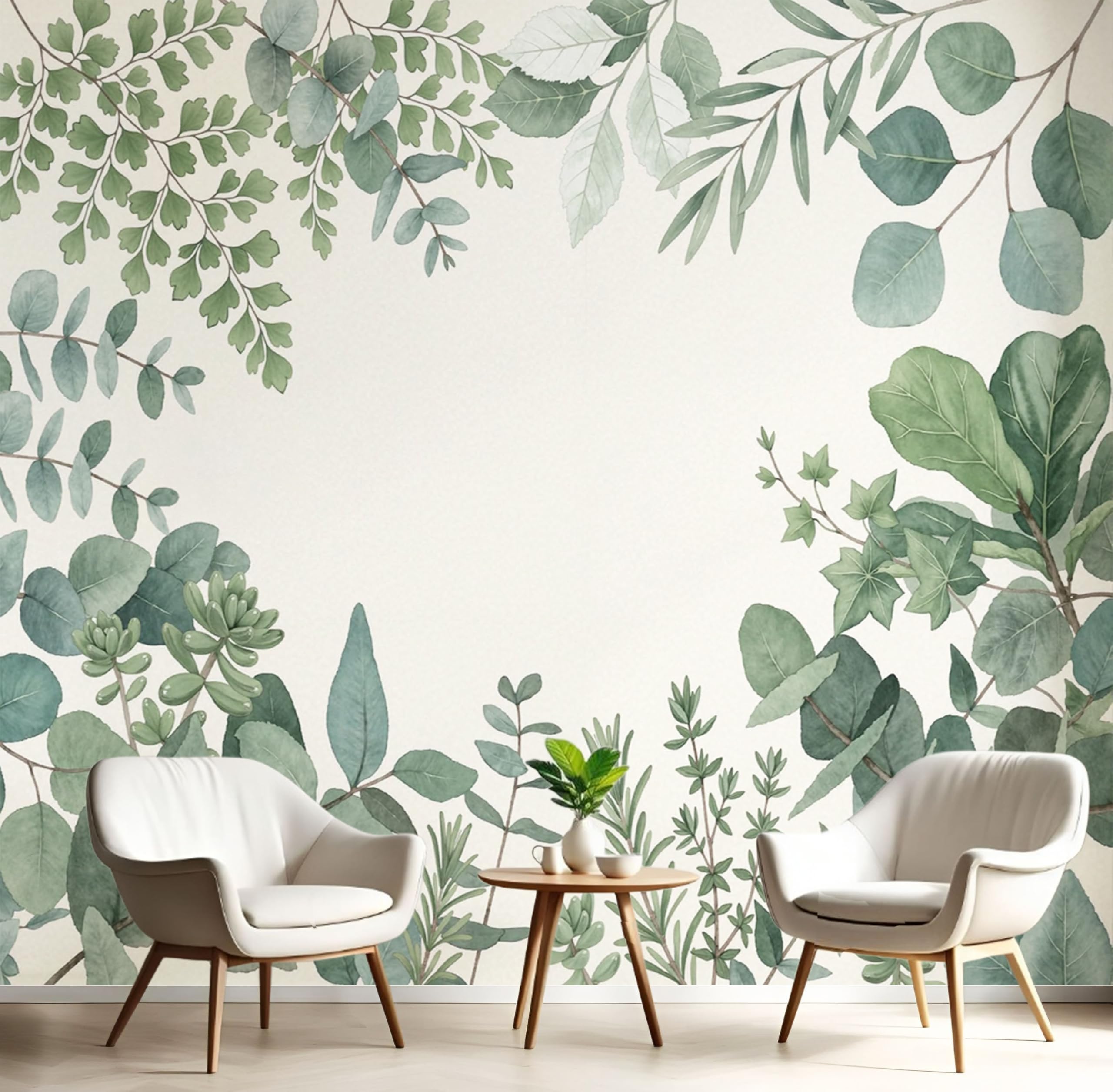 Papier peint panoramique 3D feuilles eucalyptus beige pour salon et bureau