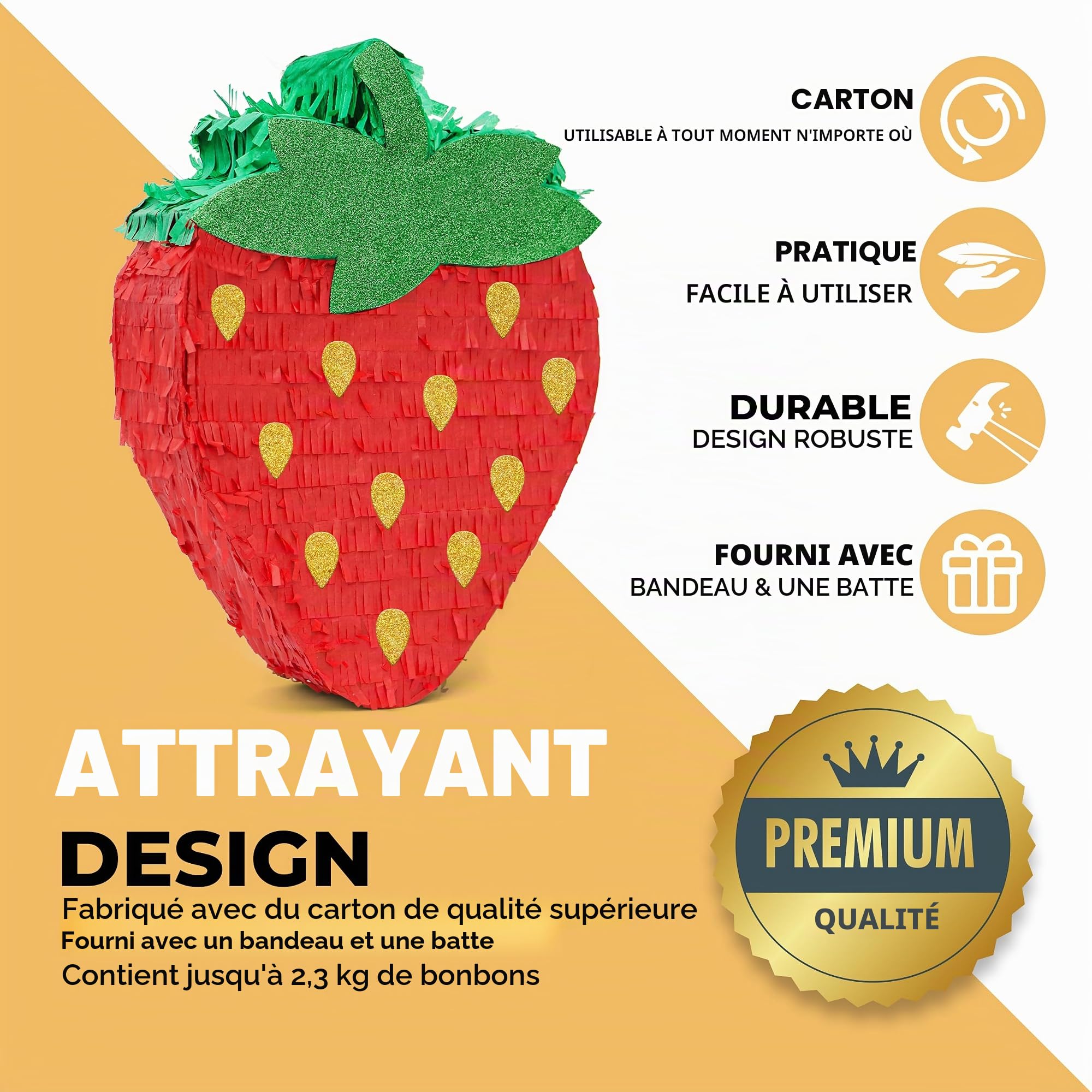 Kit de pinatas à la fraise avec bandeau pour les yeux et chauve-souris (41,5 x 30,5 x 8,9 cm), parfait pour les anniversaires d'enfants, les fêtes à thème des fruits, les décorations