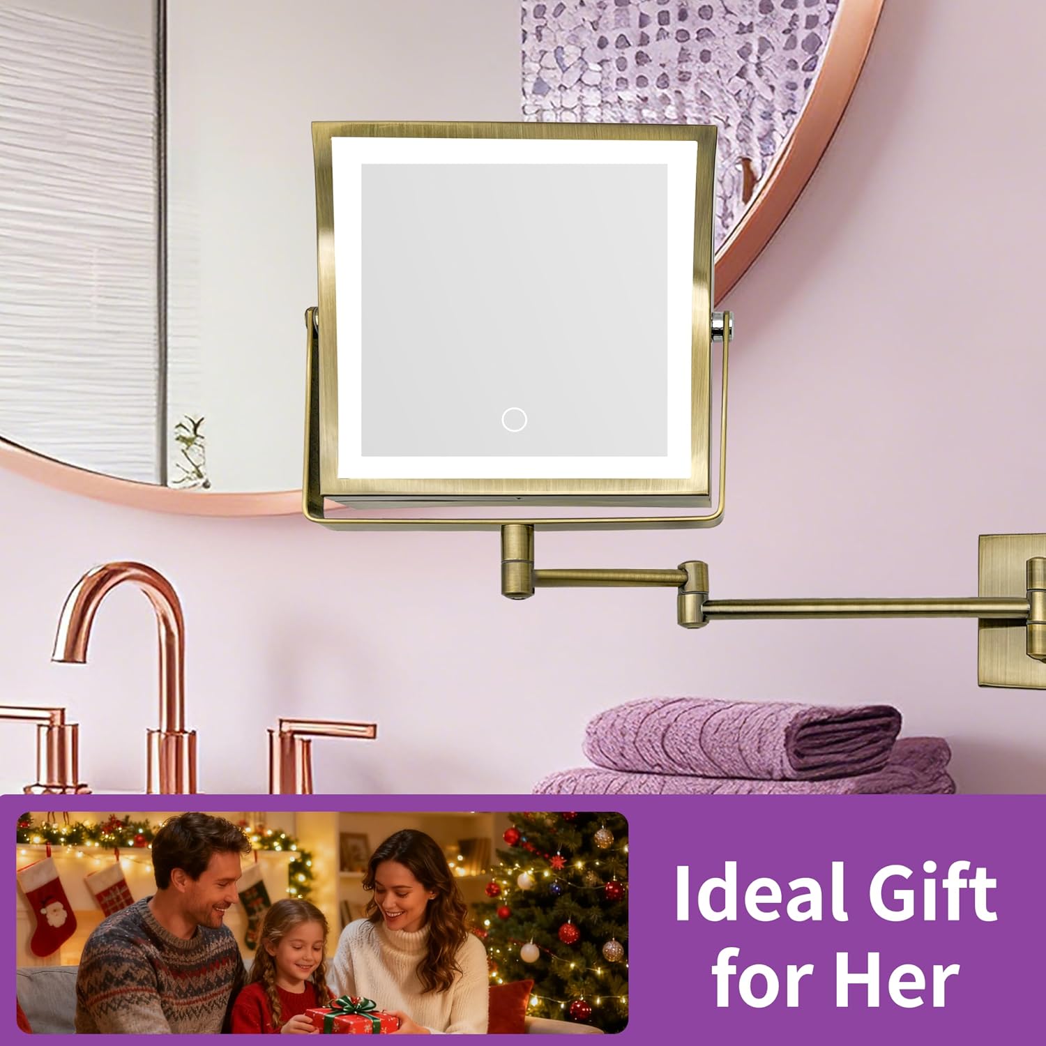 Wall Mounted Lighted Makeup Mirror 1X/10X Square Brushed Gold