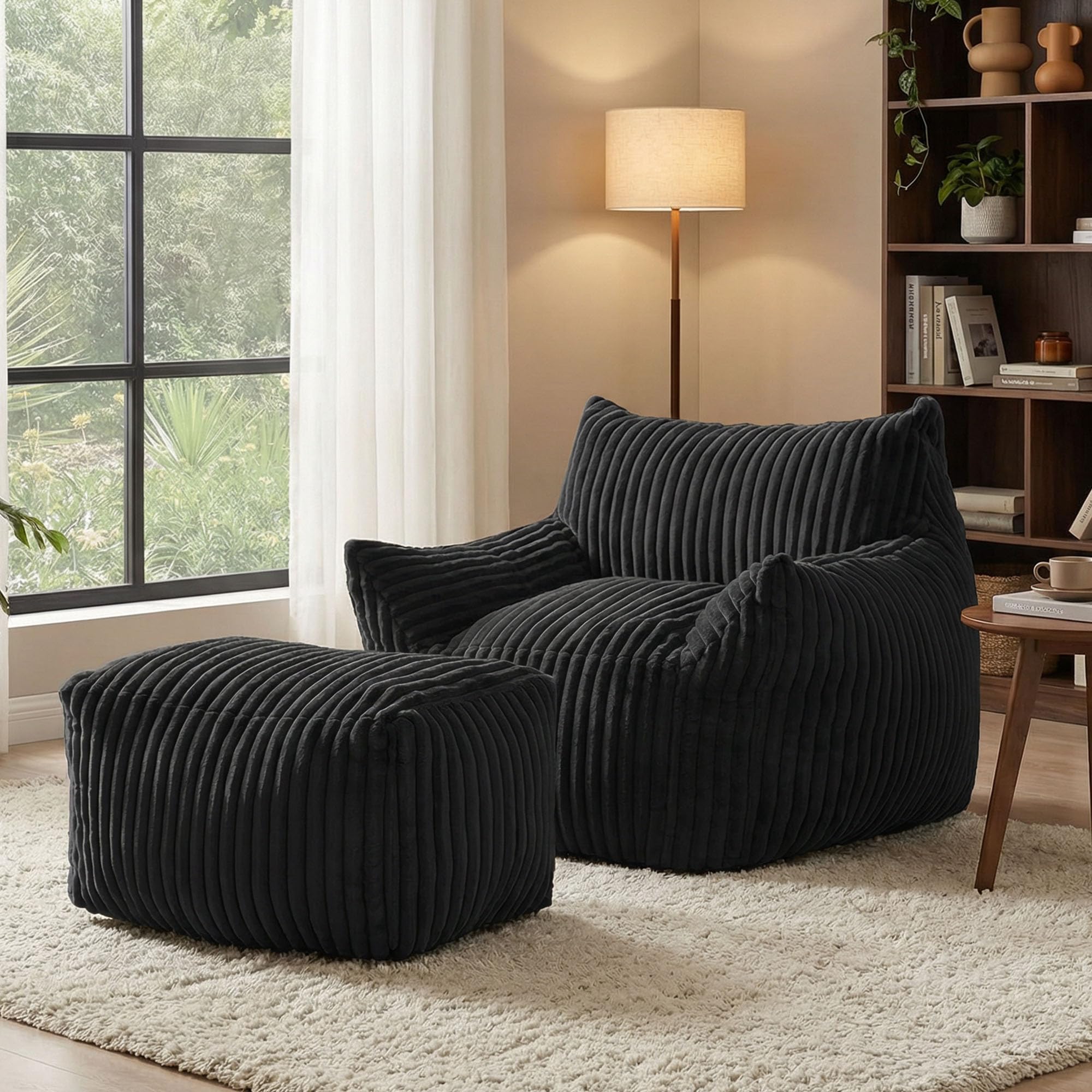GRAVFORCE Schlafsofa mit Rückenlehne und Fußstütze, XXL Sitzsack Sessel mit Hocker für Erwachsene, Relaxsessel Lazy Sofa, Indoor-Sitzkissen für Schlafzimmer Wohnzimmer, Wintergarten Schwarz
