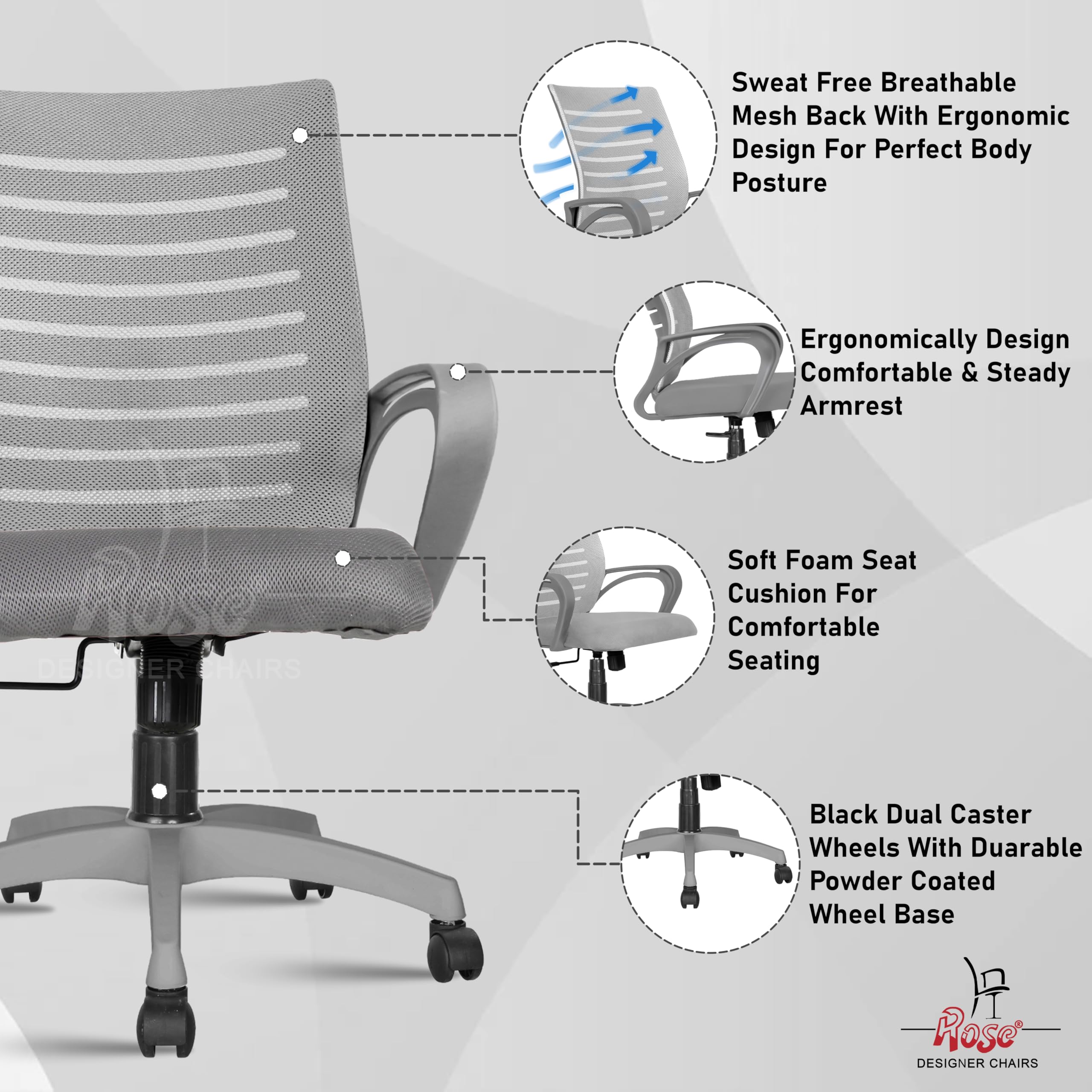 ROSE® Elite | 3 Years Brand Warranty | Ergonomic Office Chair, Study, WFH, Revolving, Rolling, Desk, Task, Laptop, Student Chair (Full Grey, Elite Pro MB) 1