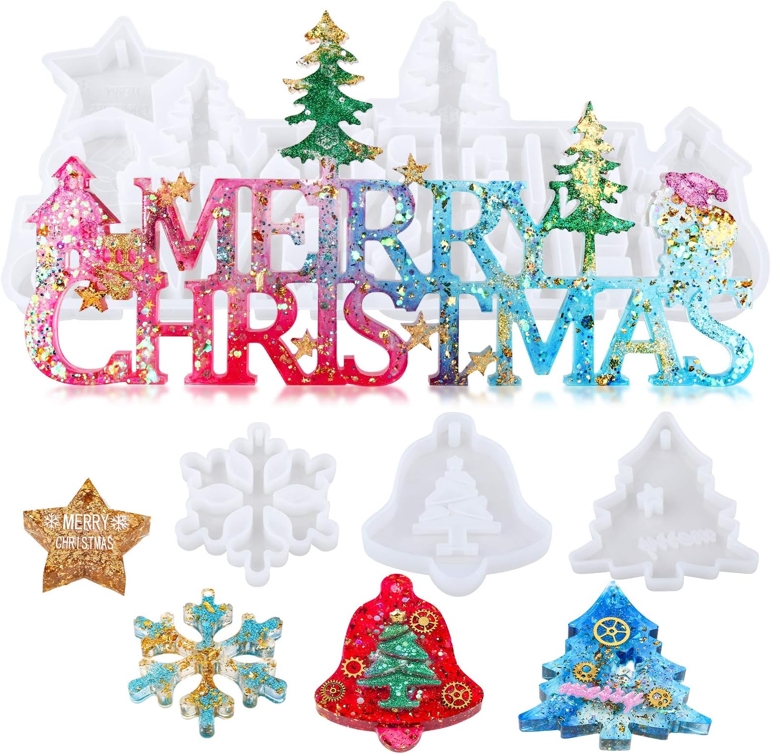 Mocoosy Merry Christmas Letter Resin Molds Silicone, Christmas Ornaments Molds for Epoxy Resin Casting Set, Xmas Resin Craft Include Snowflake Christmas Tree DIY Holiday Christmas Hanging Decorations