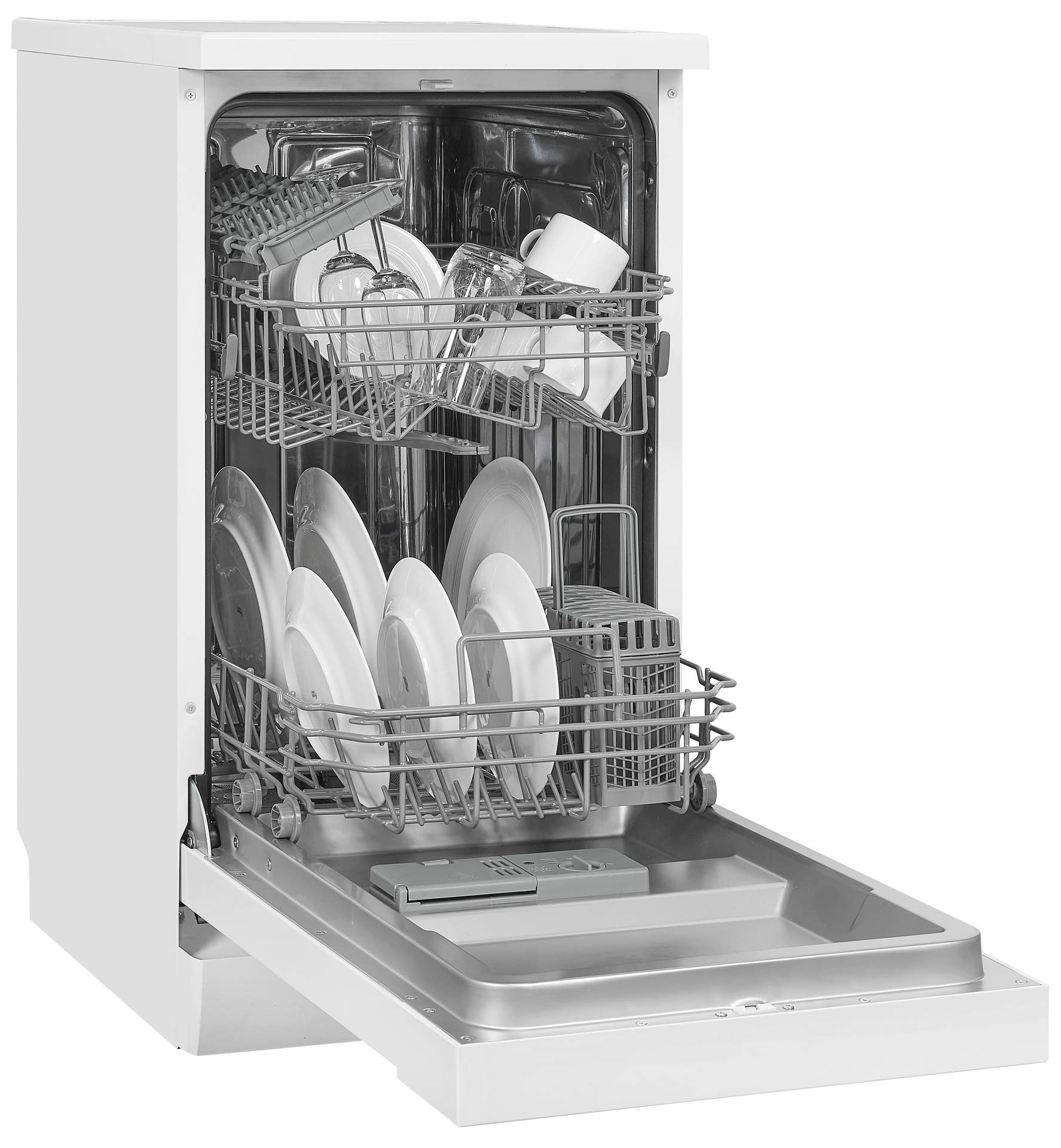 Exquisit® Lavavajillas 45Cm, Clase E, Color Blanco, 9 Servicios, 6 Programas, Cesto Regulable, Funciones Extra Seco y Media Carga, Interior Inox, Consumo 70 kWh/año, Medidas 84,5x44,8x60 Cm.