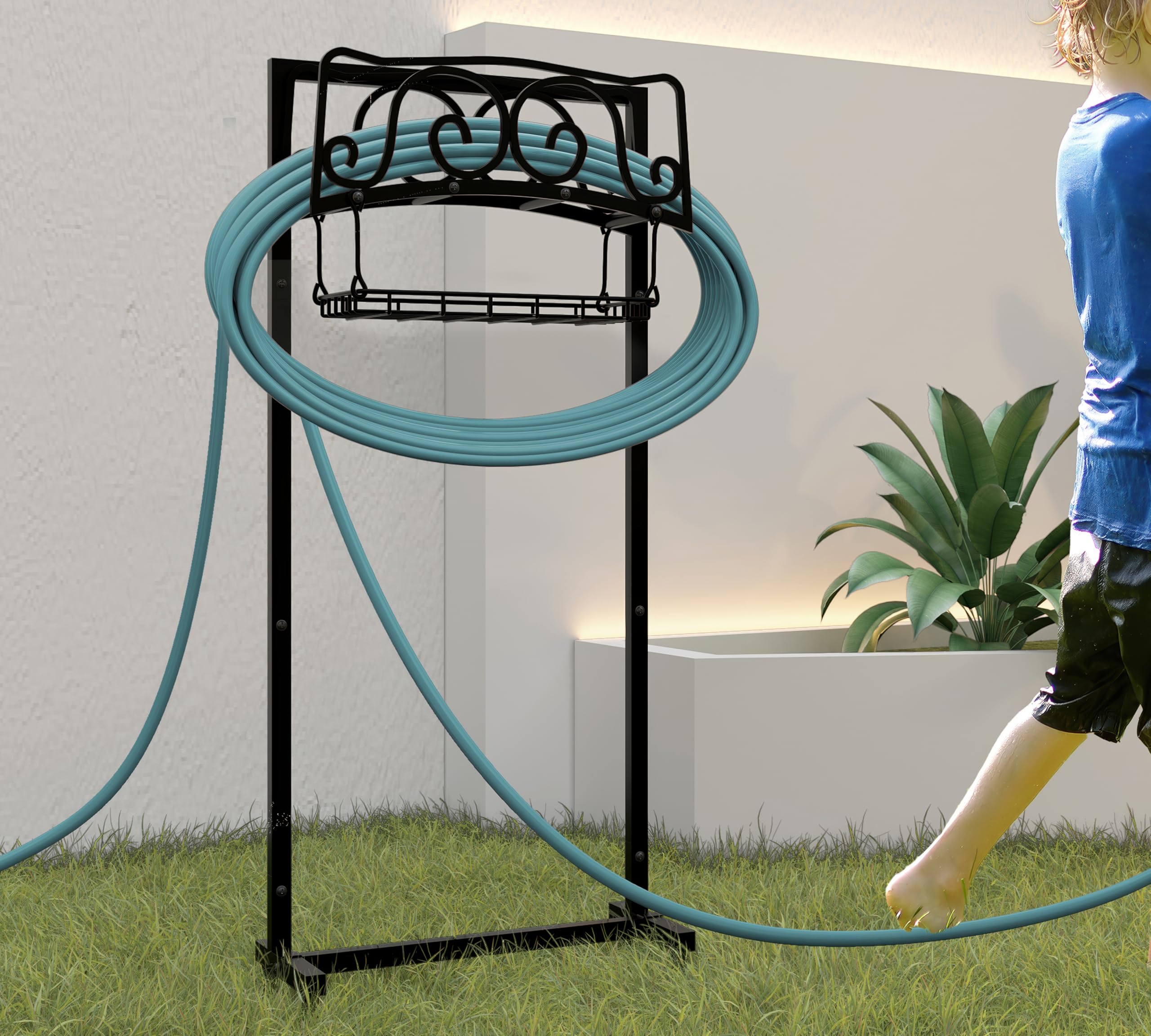 Kingson Supporto per tubo dell'acqua autoportante, supporto per tubo da giardino può contenere tubo da 45,7 m, supporto resistente per tubo da giardino con cestino portaoggetti rimovibile per esterni