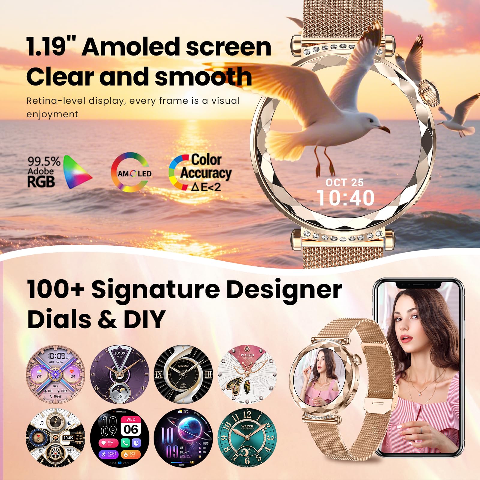 AURORA Smartwatch damski z funkcją telefonu (Różane złoto)