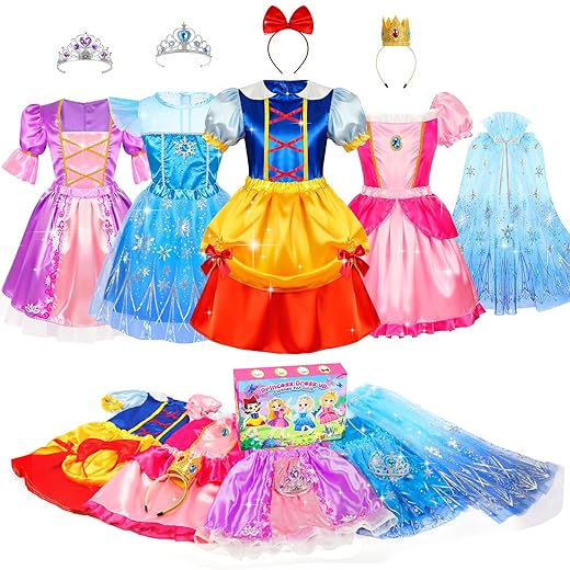 Princess Dress Up Clothes for Little Girl, Princess Costume for Girls Toddler Toys Role Play Princess Dress Up Christmas Birthday Gift for Toddler Girls 3 4 5 6 7 8 Years