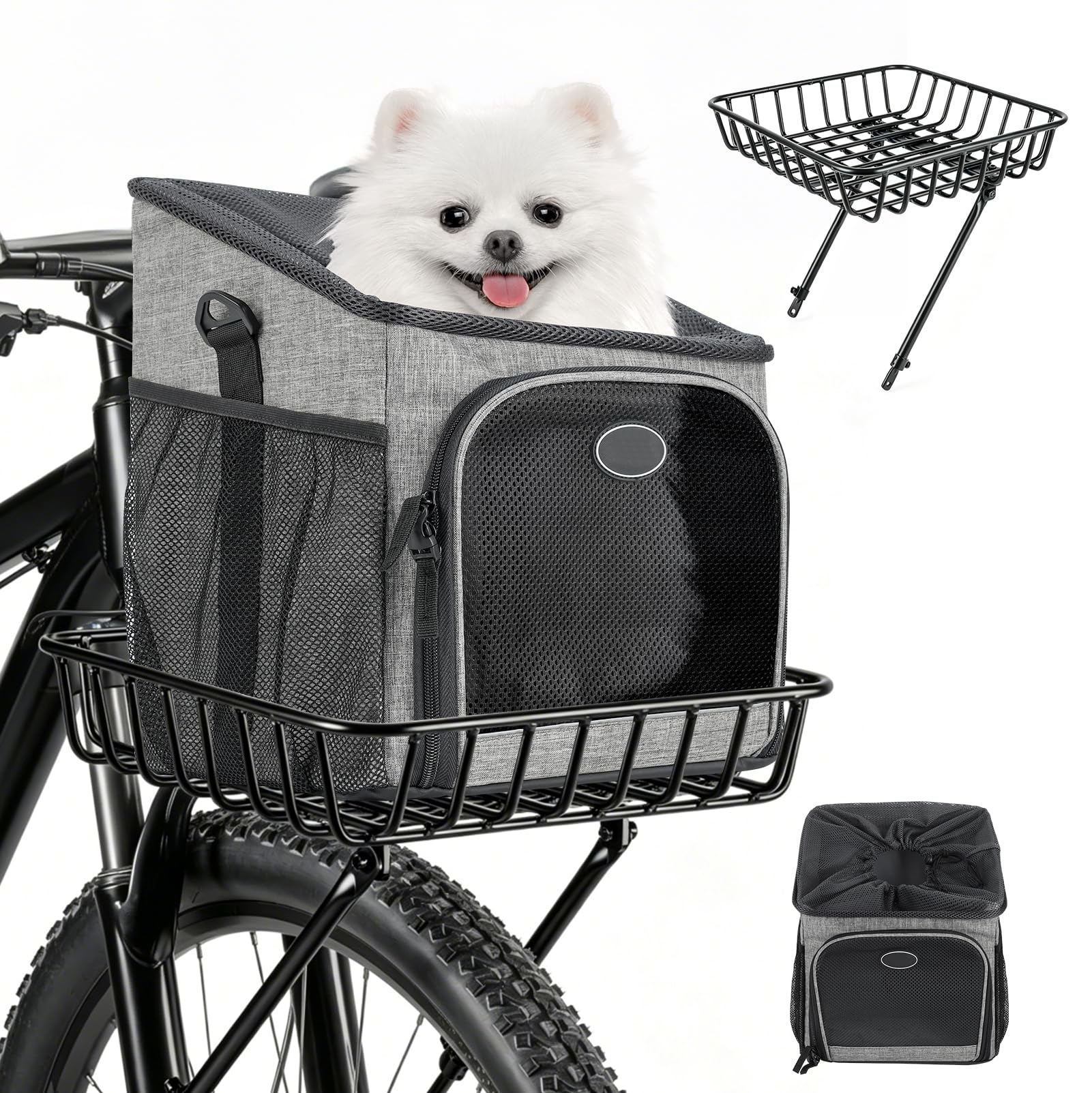 Cesta de bicicleta para perros delantera transpirable, mochila plegable para perros hasta 5,5 kg, montaje ajustable