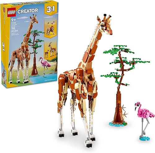 LEGO Creator 31150 - Animales de safari salvajes 3 en 1, se reconstruyen en 3 figuras diferentes de animales de safari juguete de jirafa, juguete de