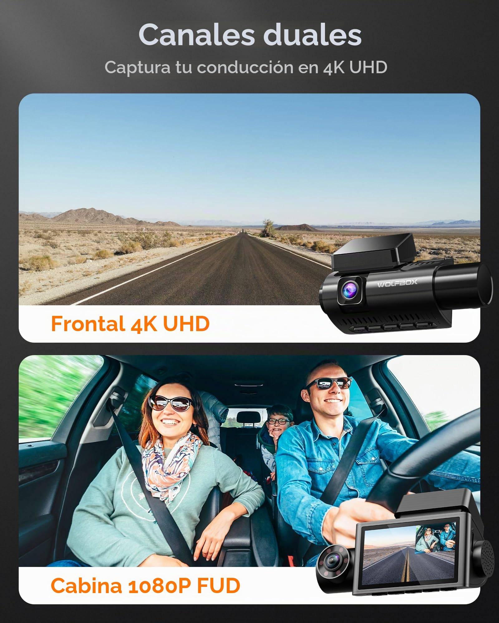 WOLFBOX i07 Dashcam, Cámara de Salpicadero para Coche de 3 Canales con WiFi GPS, 4K+1080P para Frontal e Interior, 1440P+1080P+1080P, 3" LCD Super IR Visión Nocturna, Monitor de Aparcamiento