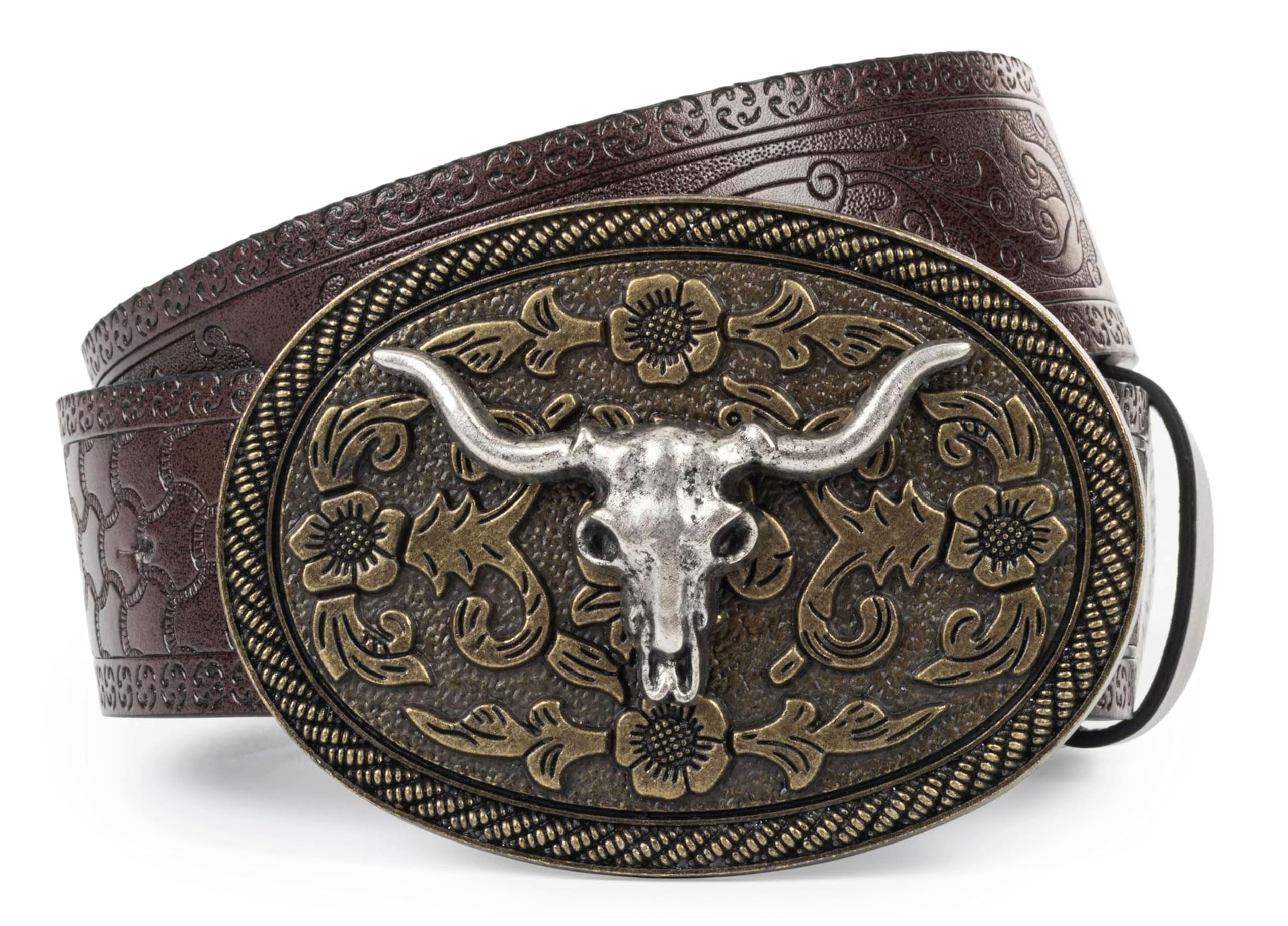 CaySep Western-Cowboy-Leather-Belts - Bull-Head-Embossed-Country-Belts with Long-Horn-Bull-Buckles for Women Men