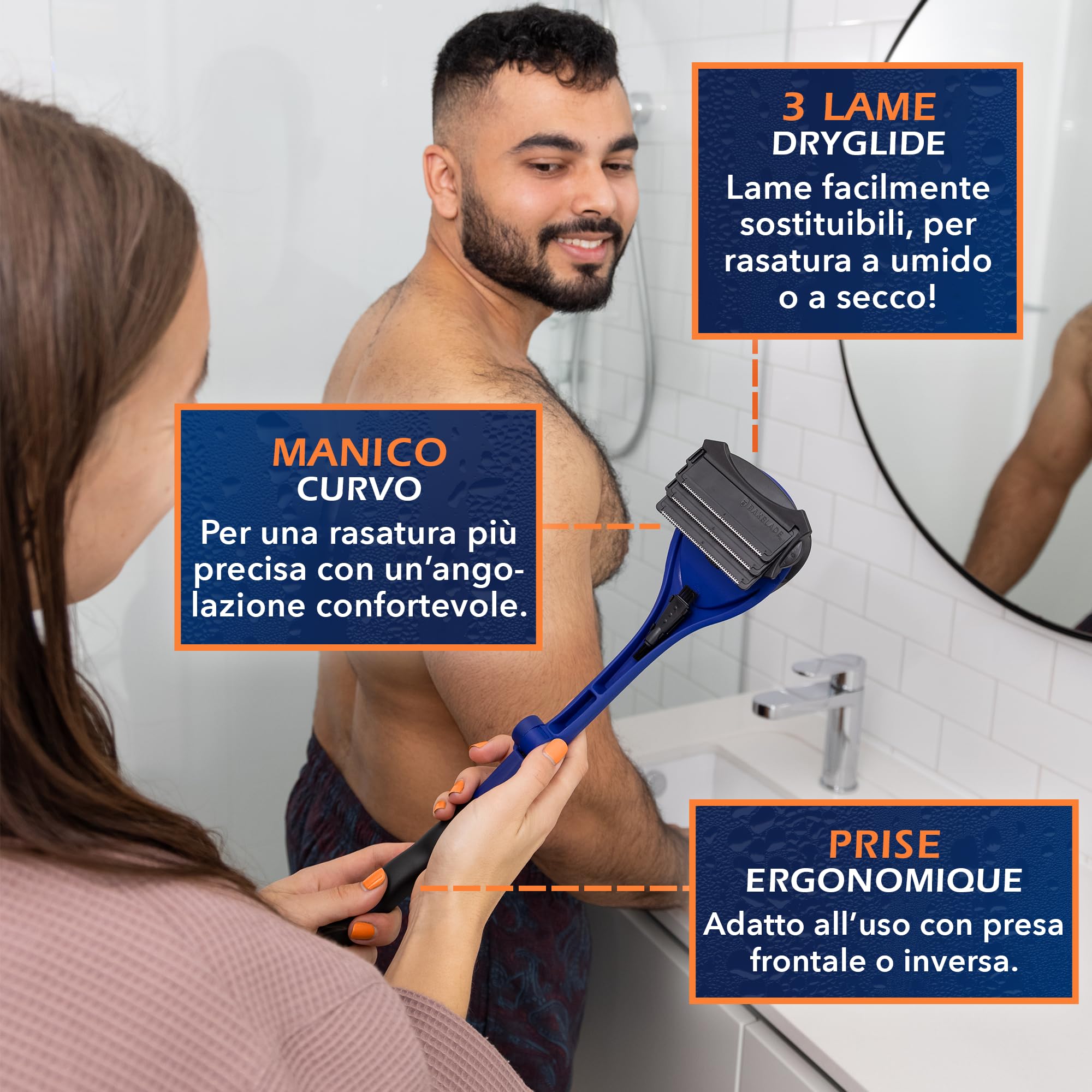 BakBlade 2.0 Elite - Rasoio Schiena Uomo - Depilatore per i Peli della Schiena e del Corpo - Body Groomer Uomo Facile Da Usare - Per Rasatura Da Bagnato O Da Asciutto - 3 Lame Extra Incluse