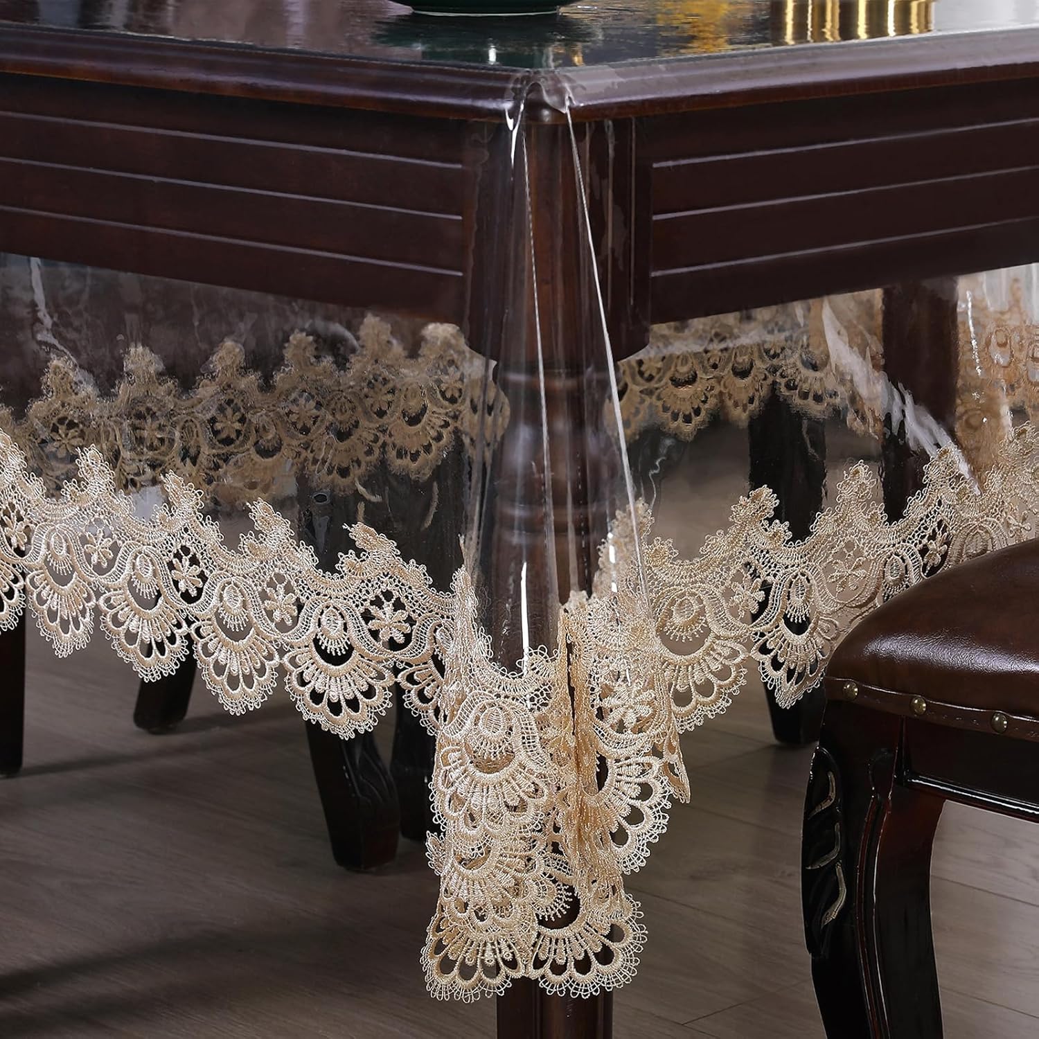 Qubjus Clear Plastic Tablecloth Waterproof Rectangle Vinyl Table Cloth with Embroidered Lace Table Cover for Dining Kitchen Buffet Banquet Parties(60x86 inch, Champagne2)