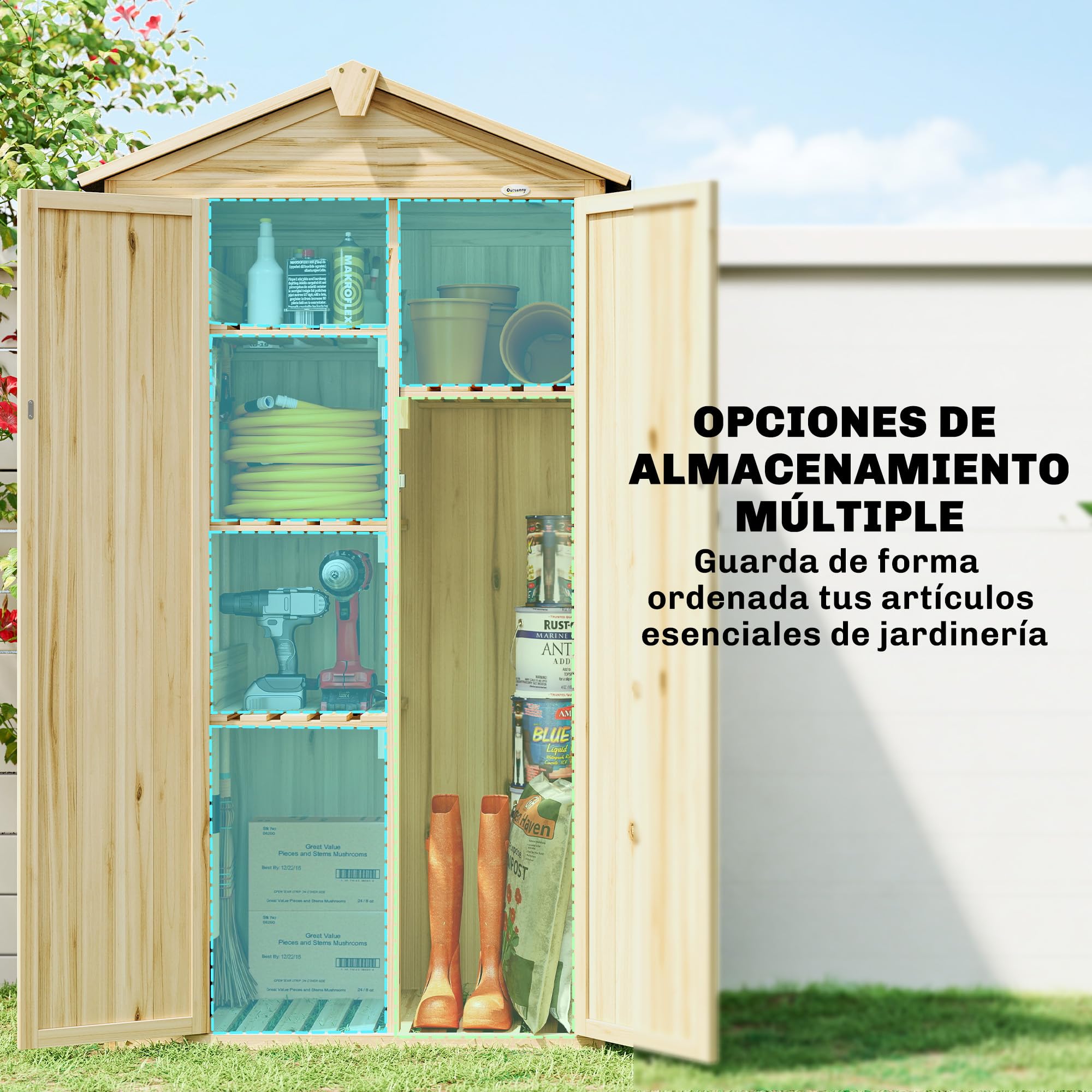 Outsunny Caseta de Jardín de Madera 93x53x168 cm 4 Estantes Madera Natural | Armario Exterior para Herramientas con Puertas Bloqueables, Techo Asfáltico Inclinado y Ganchos