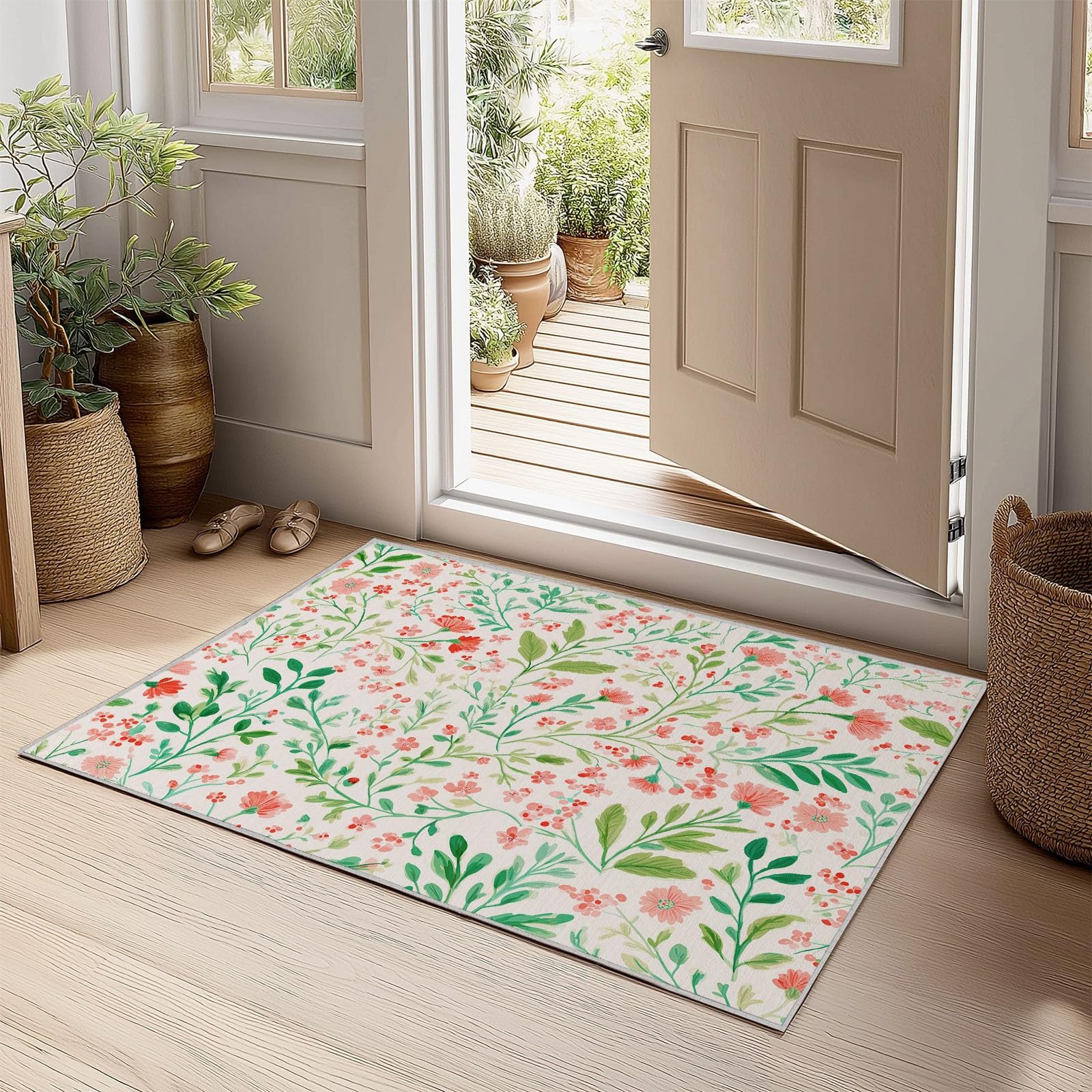 Tappeto per Donne e Adulti 140X200 CM Flanella Lavabile in Lavatrice, Antiscivolo, Anallergico, Casa Rurale Stile Botanico Floreale Cucina Soggiorno Tappeto