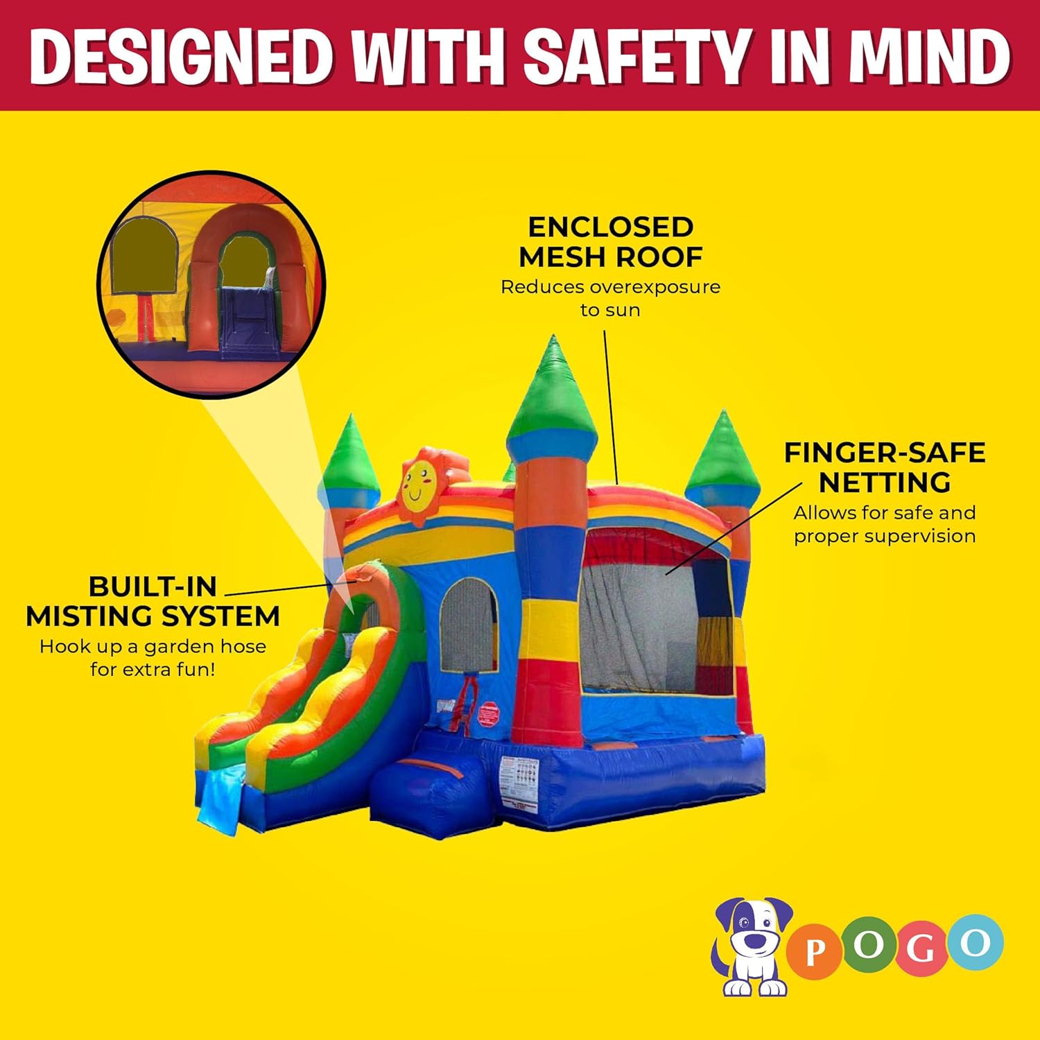 Crossover Inflatable Bounce House with Slide (Without Blower) 18 x 12 x 14.5 Foot Rainbow Smiley Face Bounce House Combo Waterslide with Basketball Hoop, Water Misting System, Stakes and Storage Bag