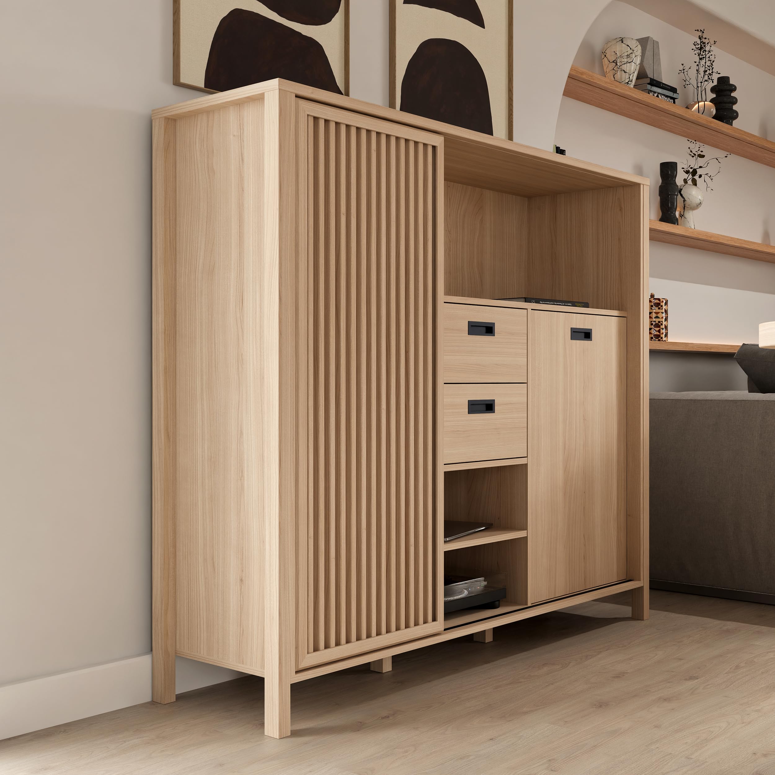Forte JYTANA Schrank 150, skandinavischer Schrank mit 2 Schubladen und Schranktüren und 3 Regalfächern, Riva Eiche Holzdekor, 149,9 cm breit x 129,9 cm hoch x 40,2 cm tief