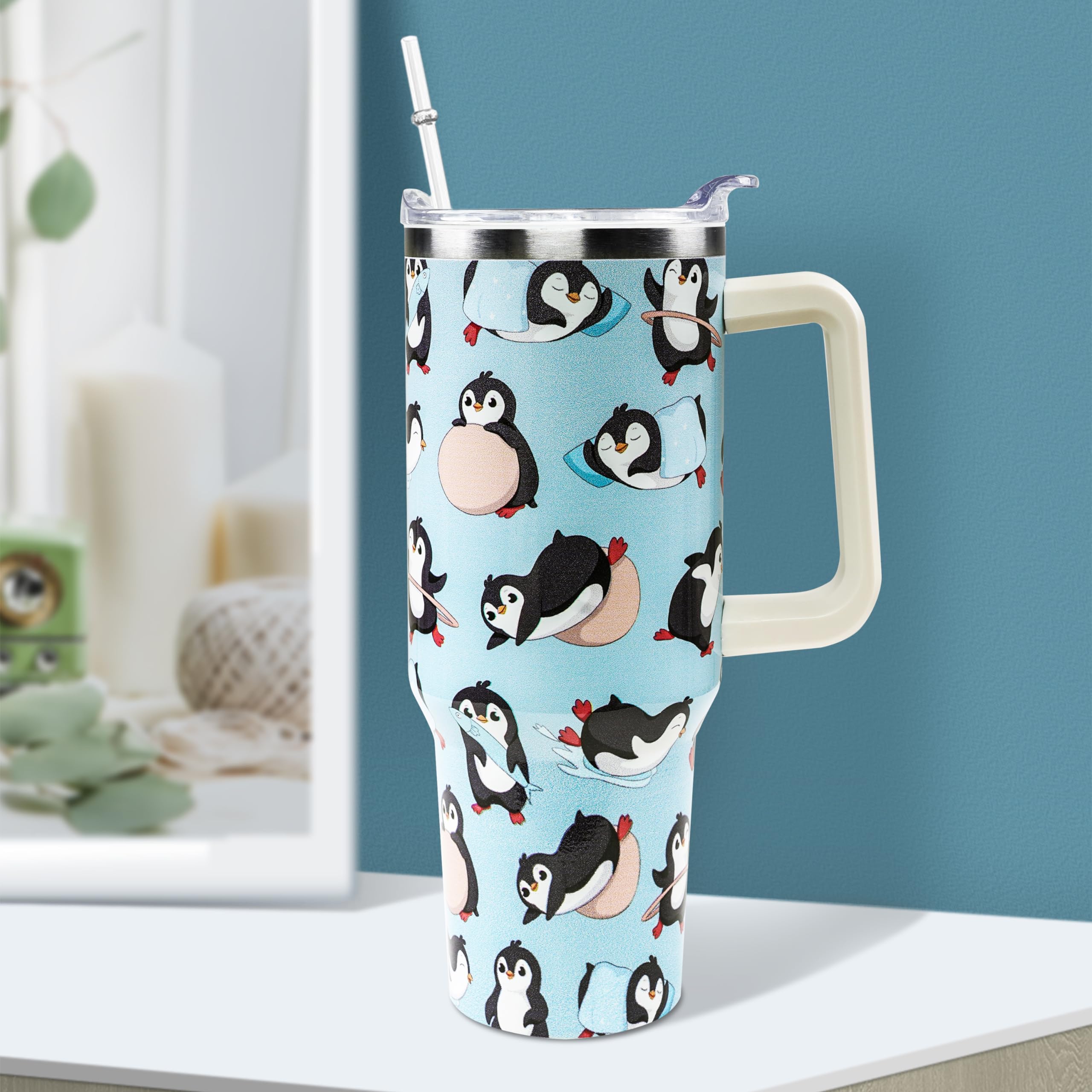 34HD I Just Freaking Love Penguin Tumbler - 40oz Vacuum Insulated Cup With Handle & Straw, Perfect Penguin Lover Gift - View #2