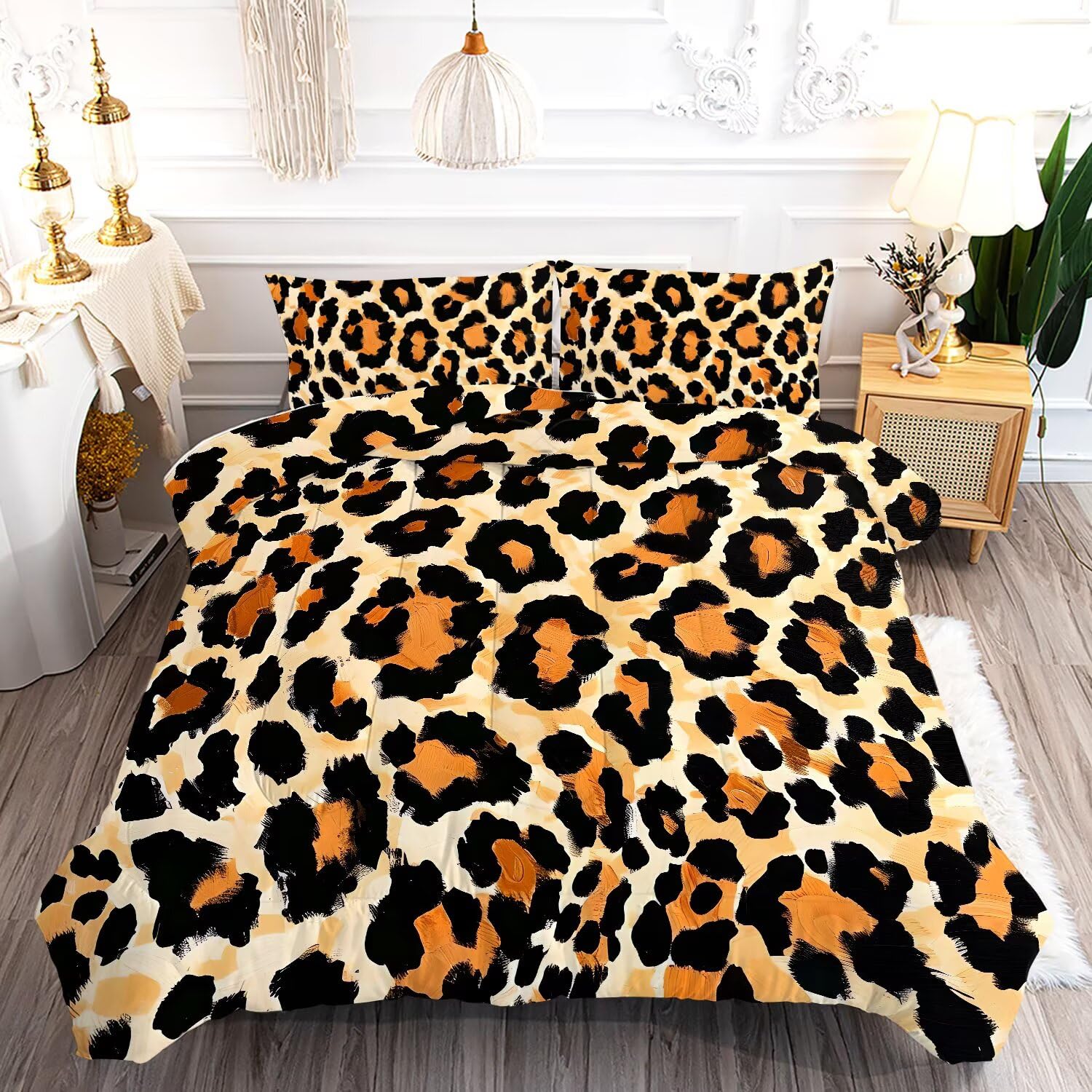 Leopard Print Comforter Set Full, Brown Cheetah Print Bedding for Kids Boys Girls Bedroom, Wild Animal Theme Pattern Qulit Sets, 1 Comforter, 2