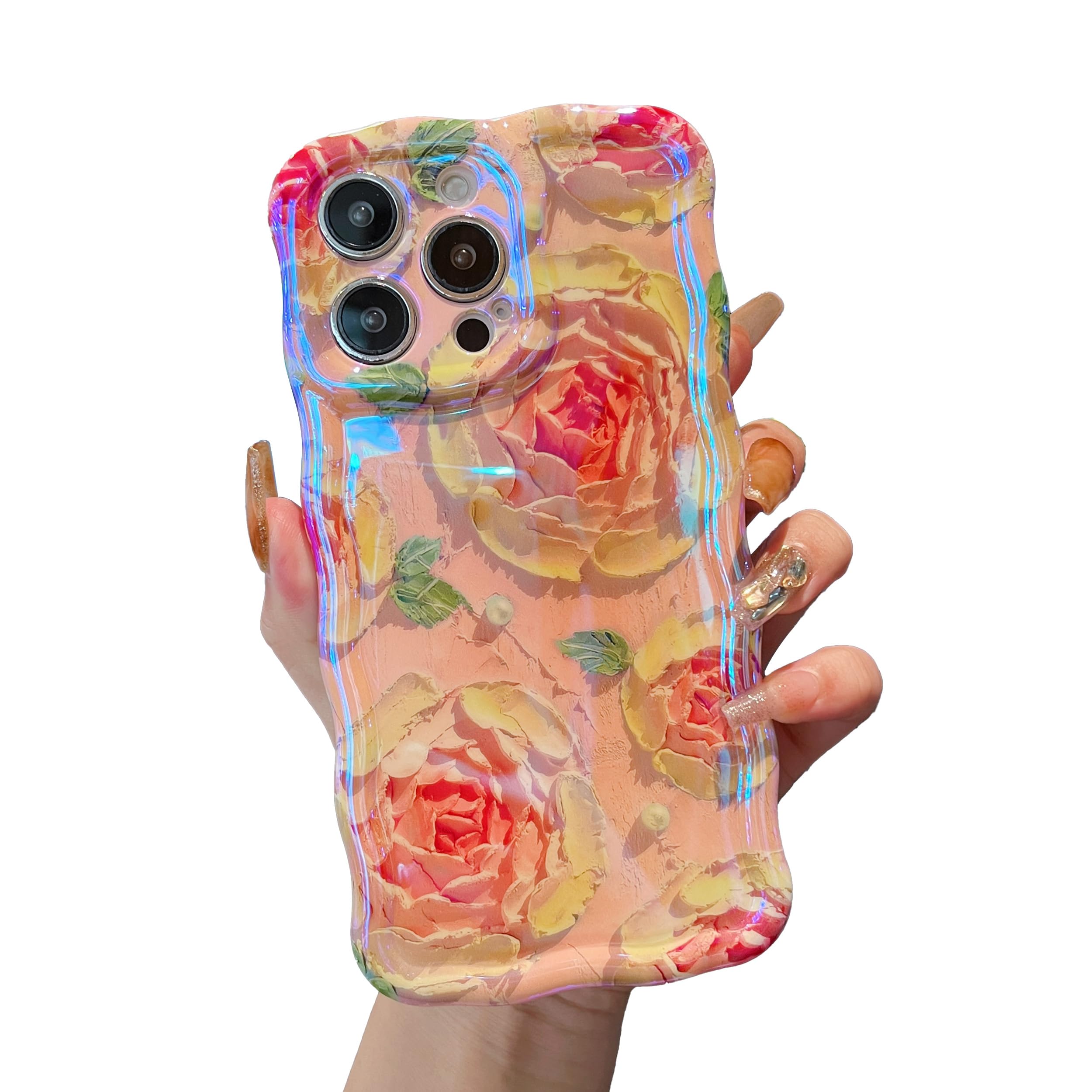XIZYO Case for iPhone 13 Pro Max, Colorful Retro Oil Painting Flower Cute Floral Aesthetic Curly Wave Frame Laser Glossy Reflective Exquisite Stylish