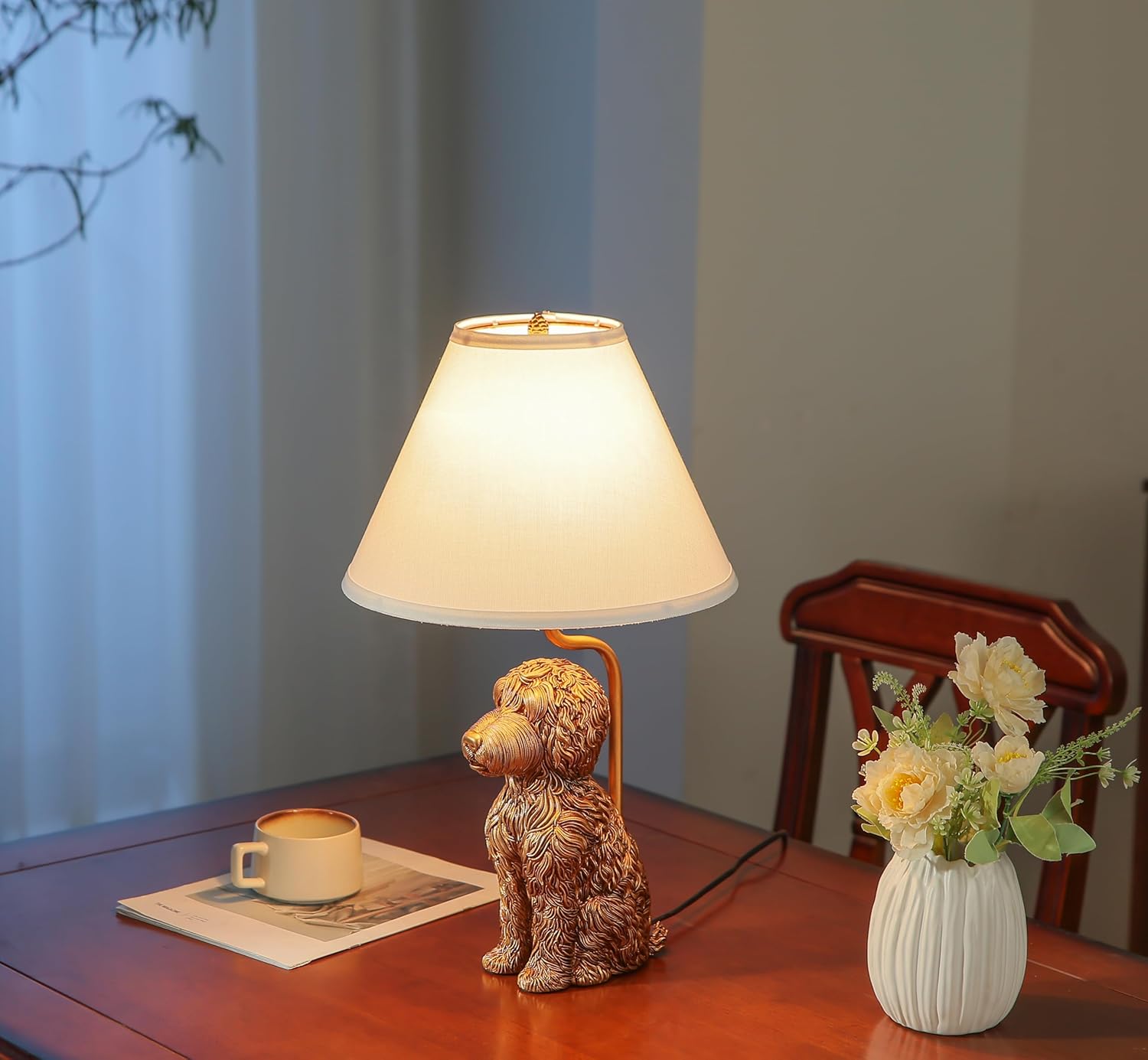 Resin Doodle Dog Table Lamp, Artistic Sculptural Accent Lamp with Fabric Shade, Unique Modern Decorative Bedside Lamp for Living Room, Bedroom, Office, Eclectic Home Decor