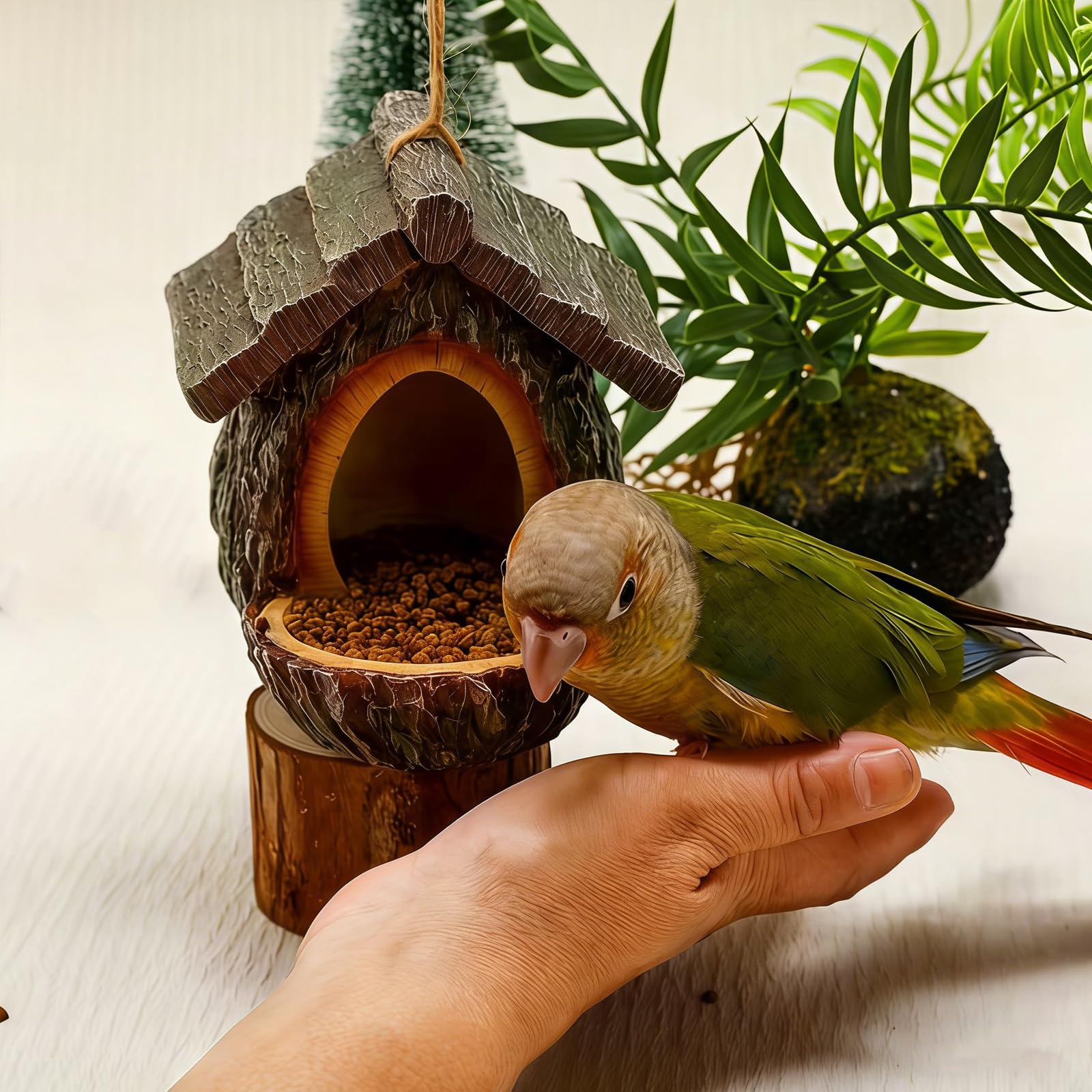 Comedero de pájaros con forma de cabaña de árbol vintage, comederos para pájaros para exteriores, escultura montada en árbol de resina impermeable, diseño abierto, casa de pájaros con bandeja de
