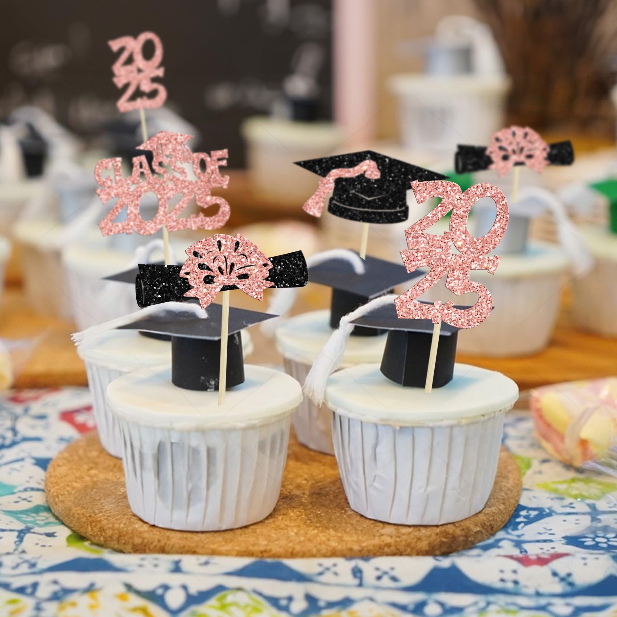 Ephlyn 36Pcs 2025 Graduation Theme Cupcake Toppers Glitter Class of 2025 Congrats Grad Diploma Graduation Cap Cupcake Picks for 2025 Graduation Theme Party Cake Decorations Supplies Rose Gold - Image 4