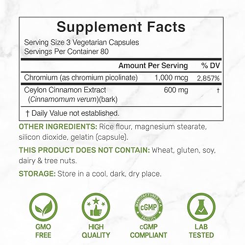 Vista 5 de Canela de Ceilán 6000 mg con cromo 1000 mcg, 240 cápsulas Extracto activo de corteza interna, verdadera fuente de Sri Lanka Suplementos