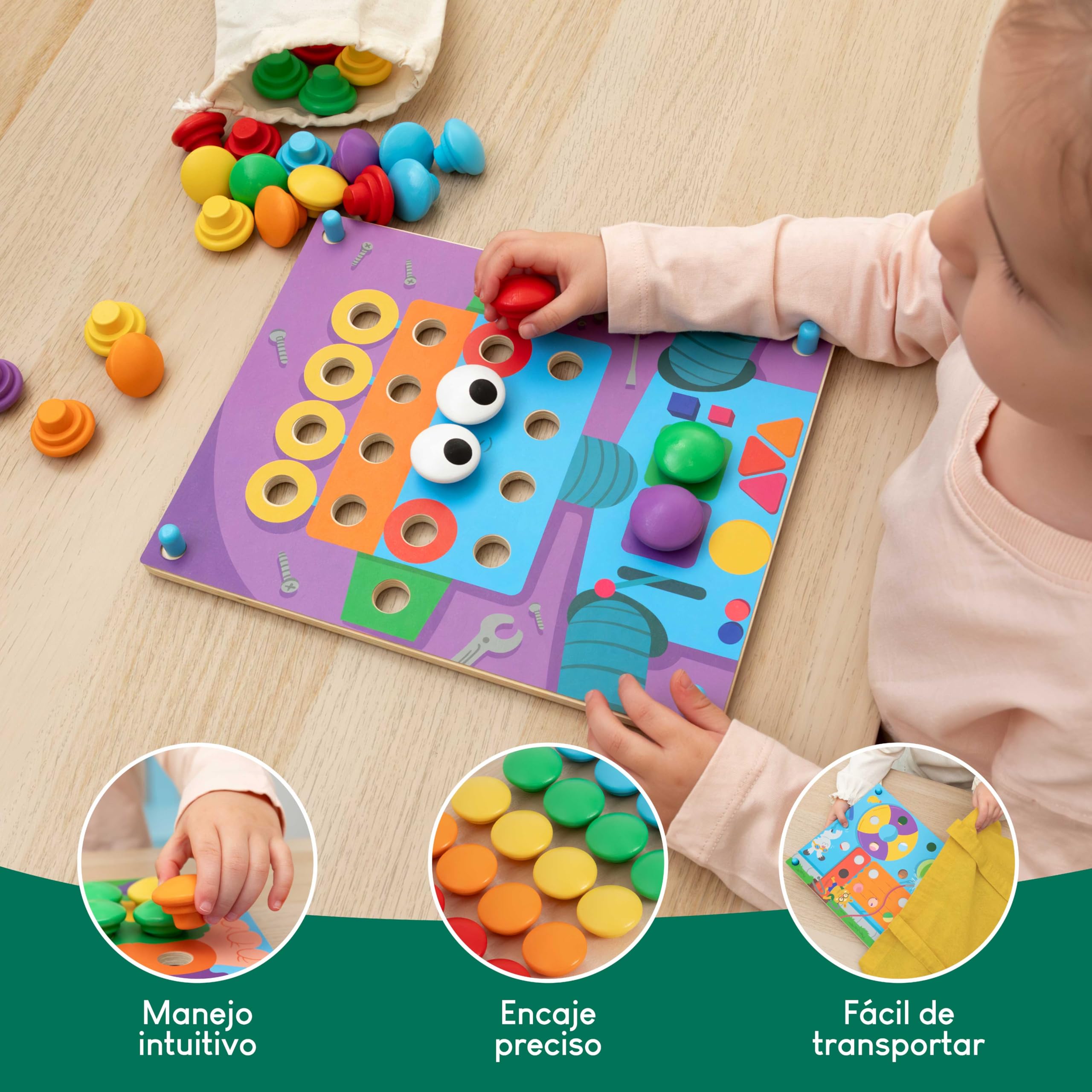 BONNYCO Puzzle de Madera con 50 Plantillas y 32 Botones. Mosaico Infantil para Motricidad Fina, Rompecabezas y Juguetes Niños 2 Años, Juegos Educativos Montessori y Regalos de Cumpleaños