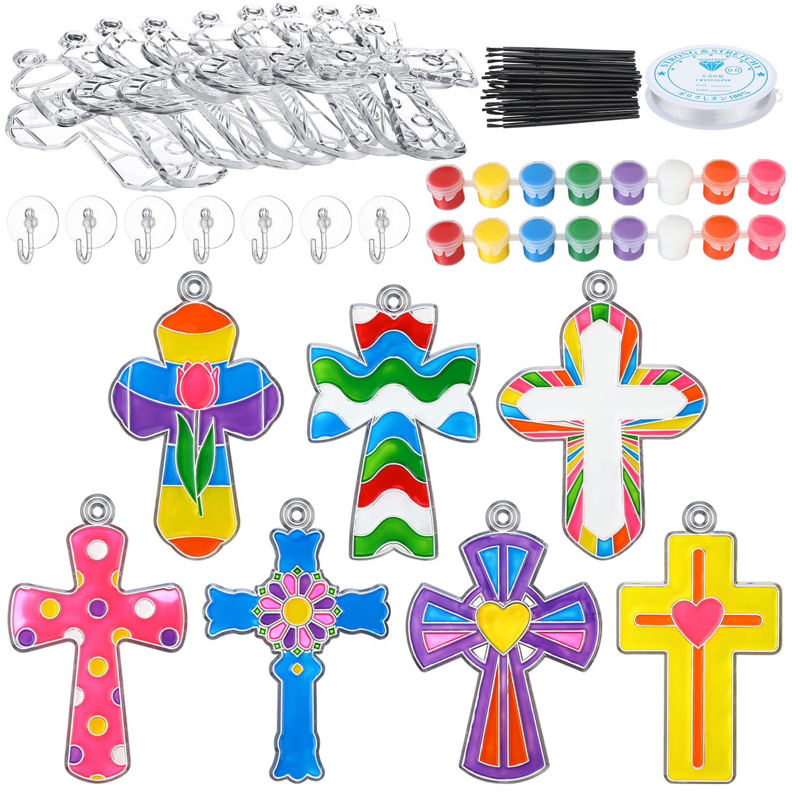 Poen 28 Sets Religious Cross Suncatchers Craft Kits Ornaments Christian Window Paint Art Suncatchers DIY Decor for Sunday School Vbs Easter Holiday Activities Home Party Favors(Cross)