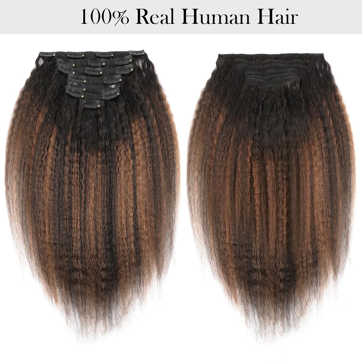 Sassina Kinky Straight Remy Human Hair Clip in Extensions Brazilian Virgin Human Hair Natural Black to Light Auburn Double Weft Thick Human Hair Extensions 12 Inch 120 Gram 7 Pieces #T1B/1BP30