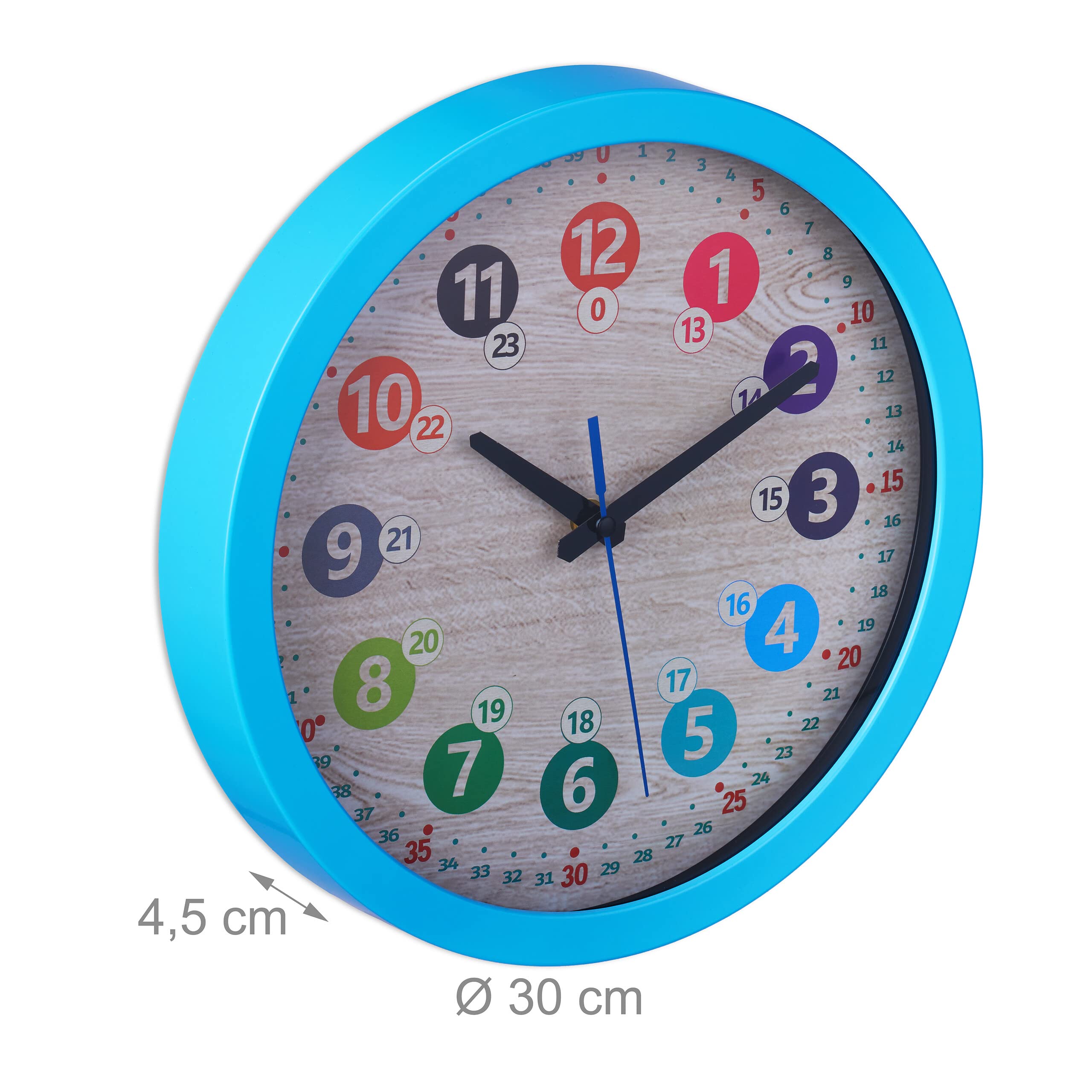 Relaxdays Zegar ścienny dla dzieci, Ø 30 cm, kolorowe cyfry, nauka godziny, zegar do pokoju dziecięcego, zegar dla chłopców i dziewczynek, zegar dziecięcy ścienny, niebieski