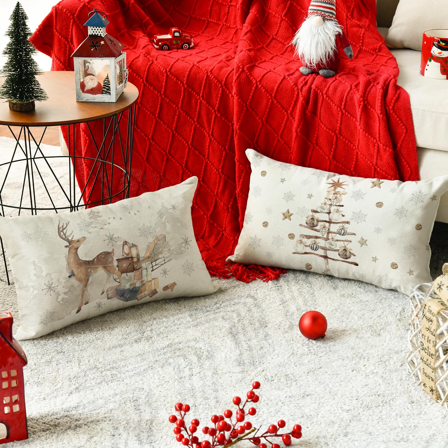 Federe In Lino Poliestere Lavabili LuxFocus Set Di 4 Federe Per Cuscini Natalizi, 45 X 45 Cm, In Cotone E Lino, Con Fiocco Di Neve, Decorazione Per La Casa, 45 X 45