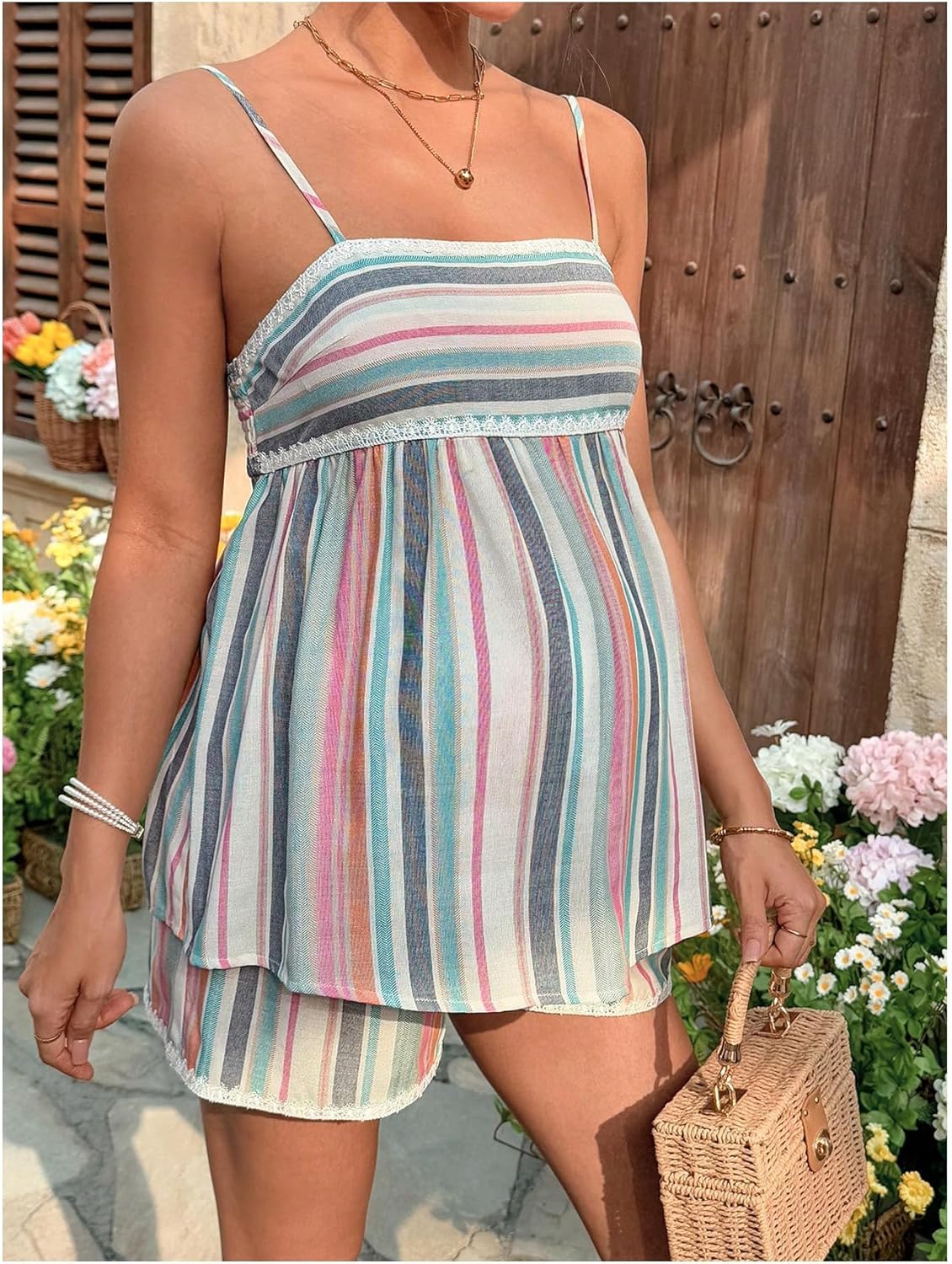 MakeMeChic Women's Maternity 2 Piece Outfits Striped Lace Trim Shirred Cami and Shorts Pregnancy Set - Image 4