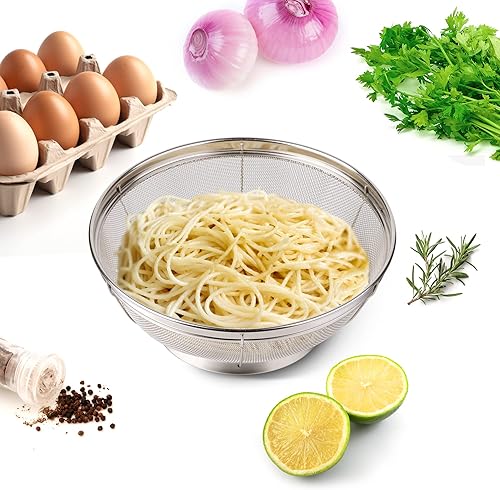Miniatura 7 de Tiawudi Paquete de 5 coladores para cocina, colador de acero inoxidable 188, colador de malla fina para pasta, arroz y frutas, tamiz para colar,