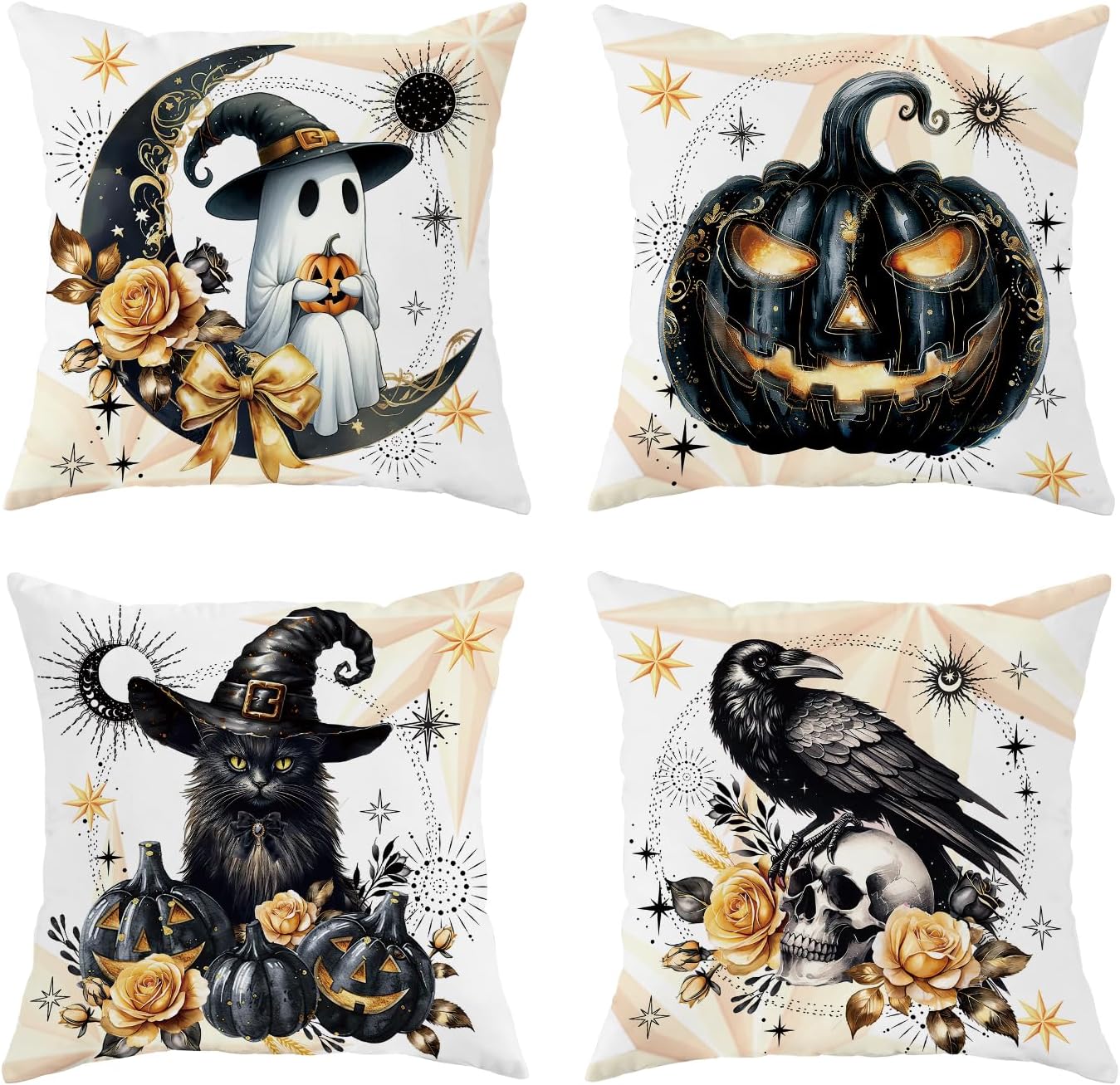 Halloween Decor for Home Vintage Pillow Covers Set of 4 Decorative Throw Pillow Covers with Halloween Cat Pumpkin Decoration for Couch for Women Kids (Gold&Black Pumpkin, 18 * 18inch)