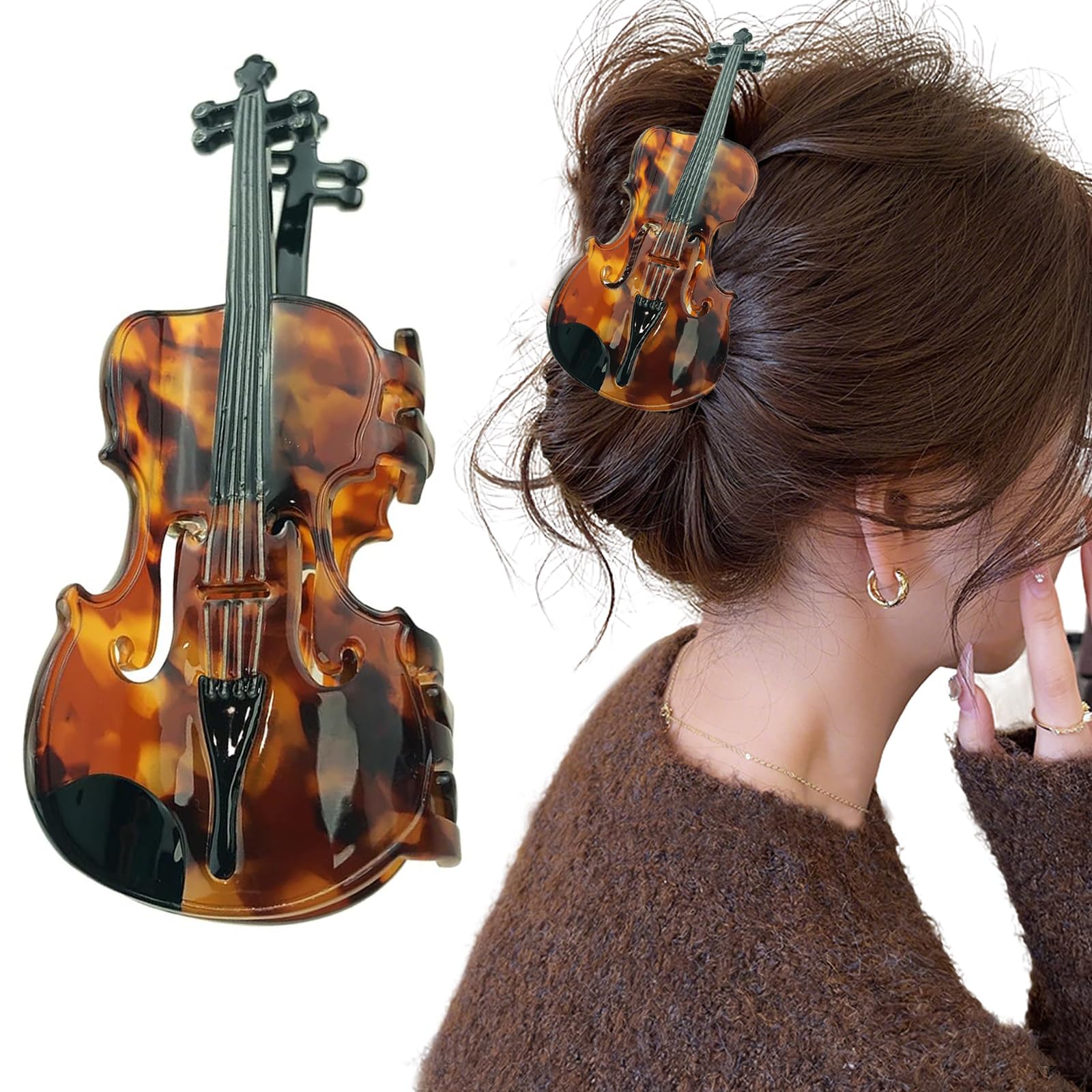 Decorative Violin Hair Clip,Novelty Acetate Claw Clips,Music Instrument Hair Clips for Women(Tortoiseshell Brown)