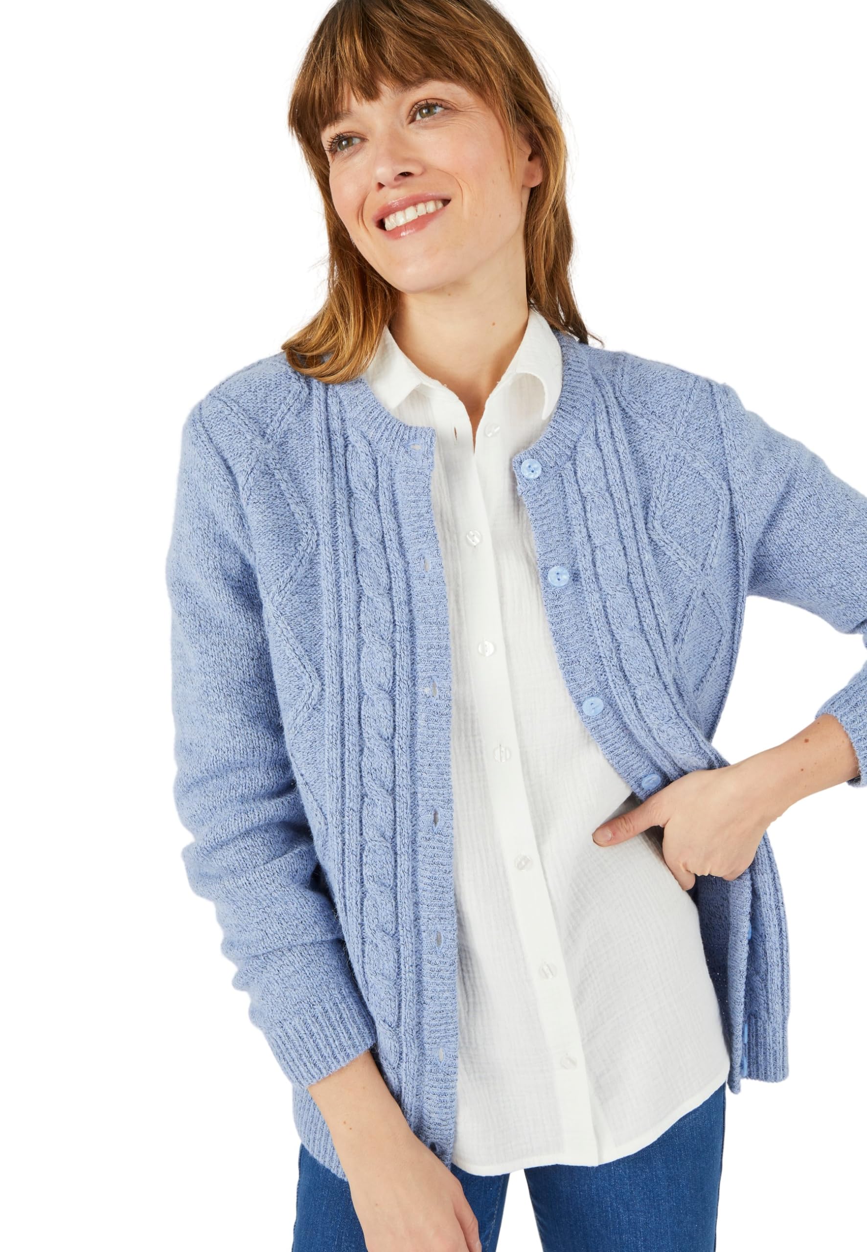 Damart - Cable Knit Cardigan, Powder Blue, 14/16