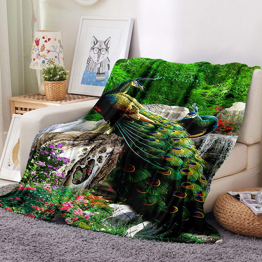 Manta De Franela De Microfibra 150X200Cm Manta De Felpa Suave para Sofá Cama 3D Pavo Real Animal Verde Impresión Patrón Polar Invierno Gruesa Y Esponjosa Caliente Transpirable