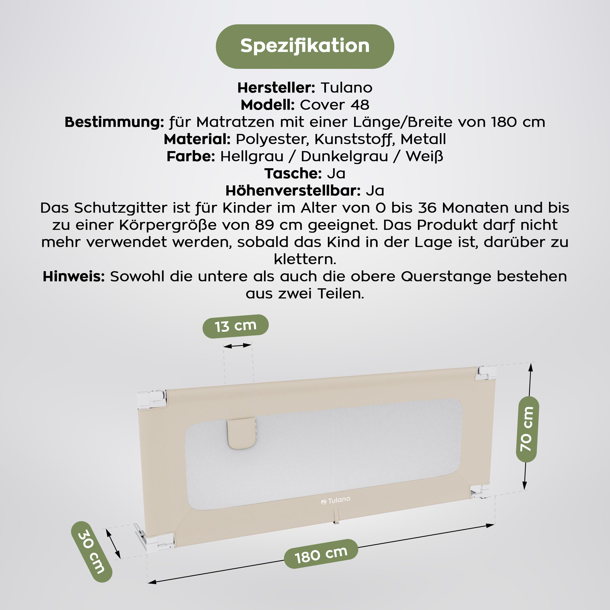TULANO Cover 48 Bettgitter Kinderbett - Sicherheitsgitter Absenkfunktion | 18-Fach höhenverstellbar - Bettschutzgitter 180 cm - Rausfallschutz für Standardbetten - Für Matratzen 10–28 cm - Beige