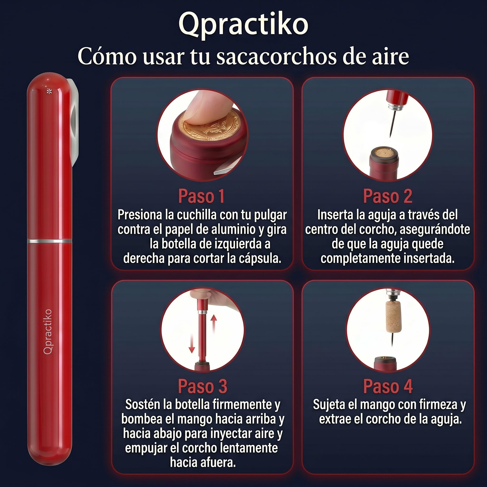 Sacacorchos de aire a presión con aguja inox | ABS resistente, 3 pasos de uso, extrae el corcho, apto para corchos naturales