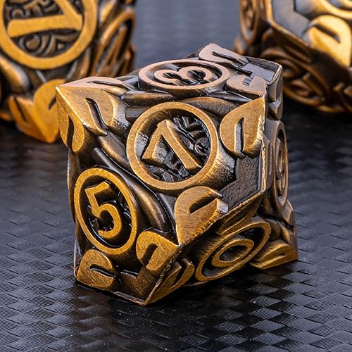 Miniatura 9 de KERWELLSI Juego de 7 piezas de dados DND de metal de hojas de vides naturales D&D con caja de regalo, dados poliédricos de oro antiguo de mazmorras