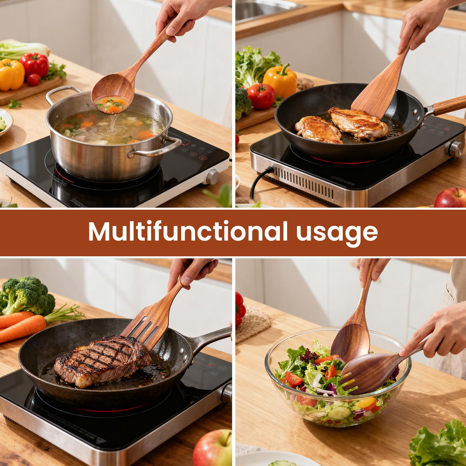 Ustensiles de Cuisine en Bois de Teck 9 Pièces, Ensemble Premium avec Cuillères, Spatule et Support, Naturels, Résistants à la Chaleur et Anti-Rayures, Facile à Nettoyer pour Cuisine Quotidienne (9)