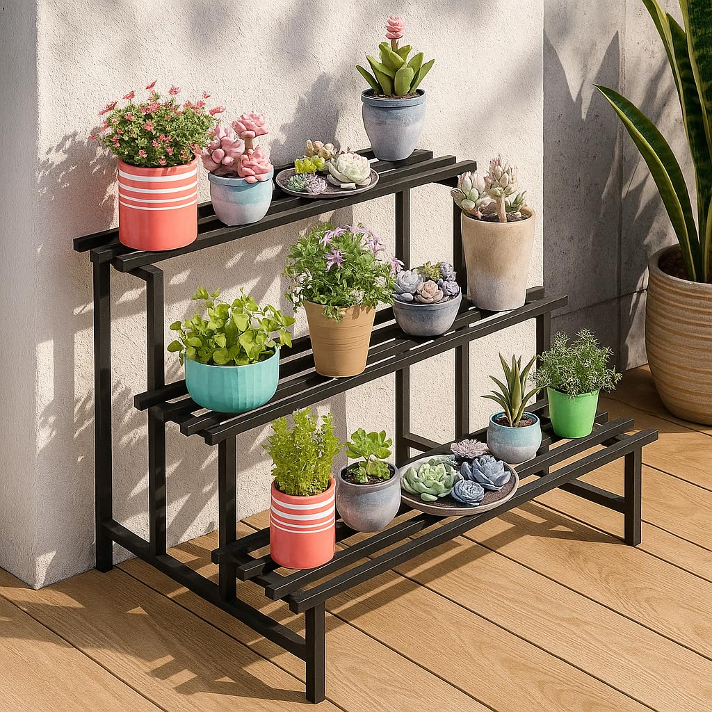 Mighty Home 3-Tier Metal Flower Vase Stand (Black) | Heavy Duty Iron Plant Holder for Balcony, Garden, Home Décor | Indoor & Outdoor Multi-Purpose Pot Rack | Space-Saving & Durable-image-32