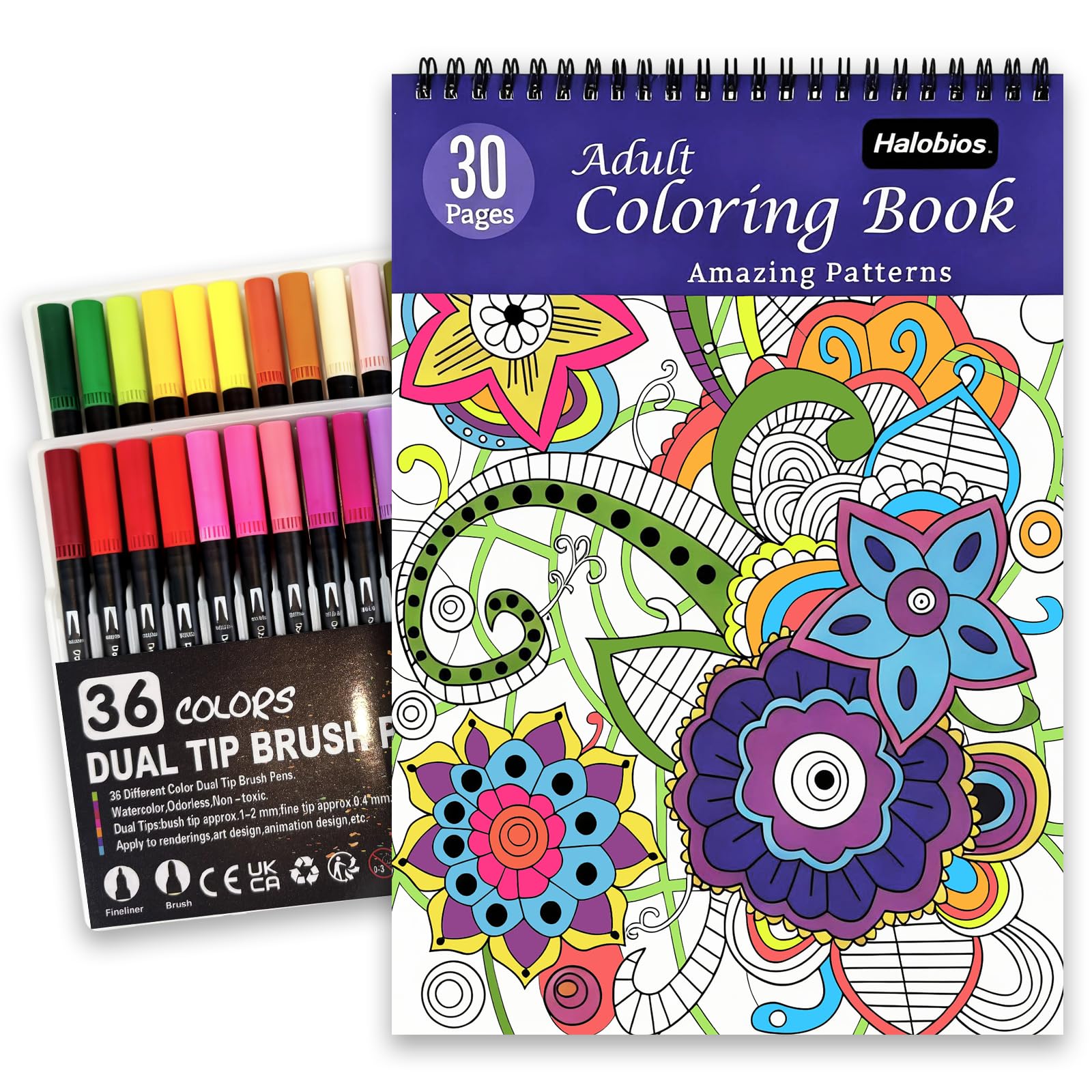 joibabe Adult Colouring Book,Colouring Books for Adults with 36 Felt Tip Pens Spiral Bound Book for Relaxation, Anxiety Stress Relief Gifts for Women Mandala Animal & Flower Patterns