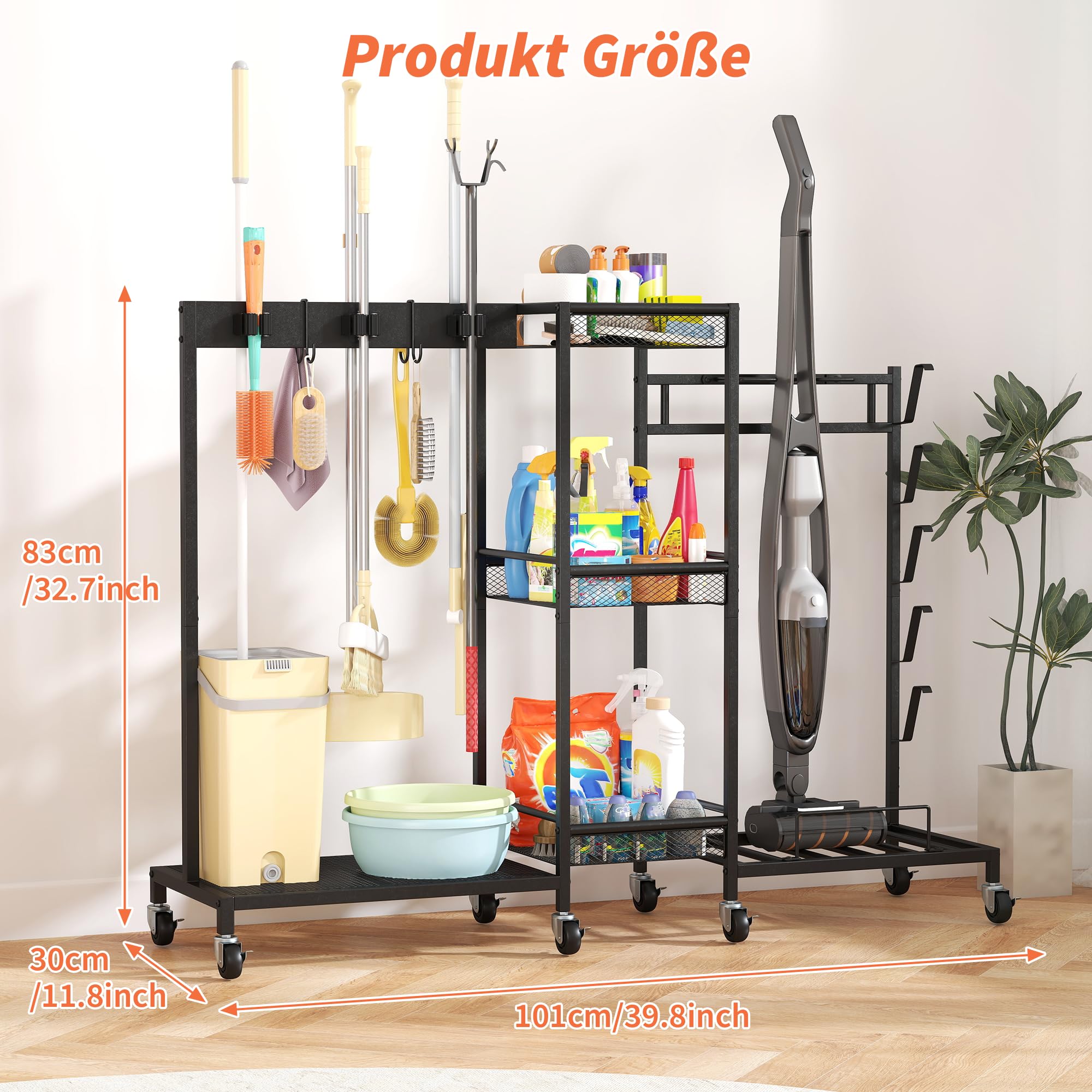 ohbien Mobiler Reinigungswagen mit Staubsaugerständer Mopphalter Besenhalter 85 × 101 × 30 cm