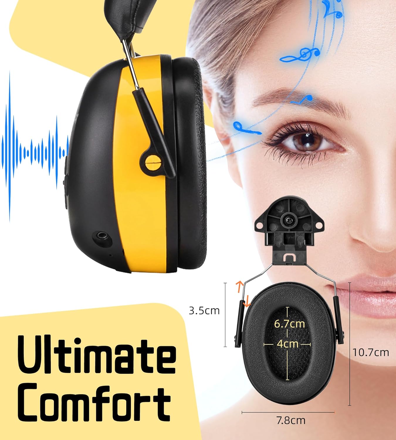 PROHEAR 037BR04 Bluetooth Hearing Protection Headphones - Noise Cancelling for 3M H-700/DEWALT Hard Hats, 40H Playtime (Yellow) - Construction Safety Gear & Lawn Mowing Ear Protection