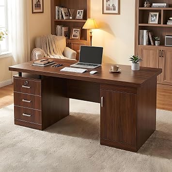 Computer Desk, Conference Table, President Desk, Width 47.2 / 55.1 / 63.0 / 70.9 inches 120 / 140 / 160 / 180 cm, Solid Wood, Top Plate Thickness 1.0 inches 2.5 cm, Includes 3 Drawers