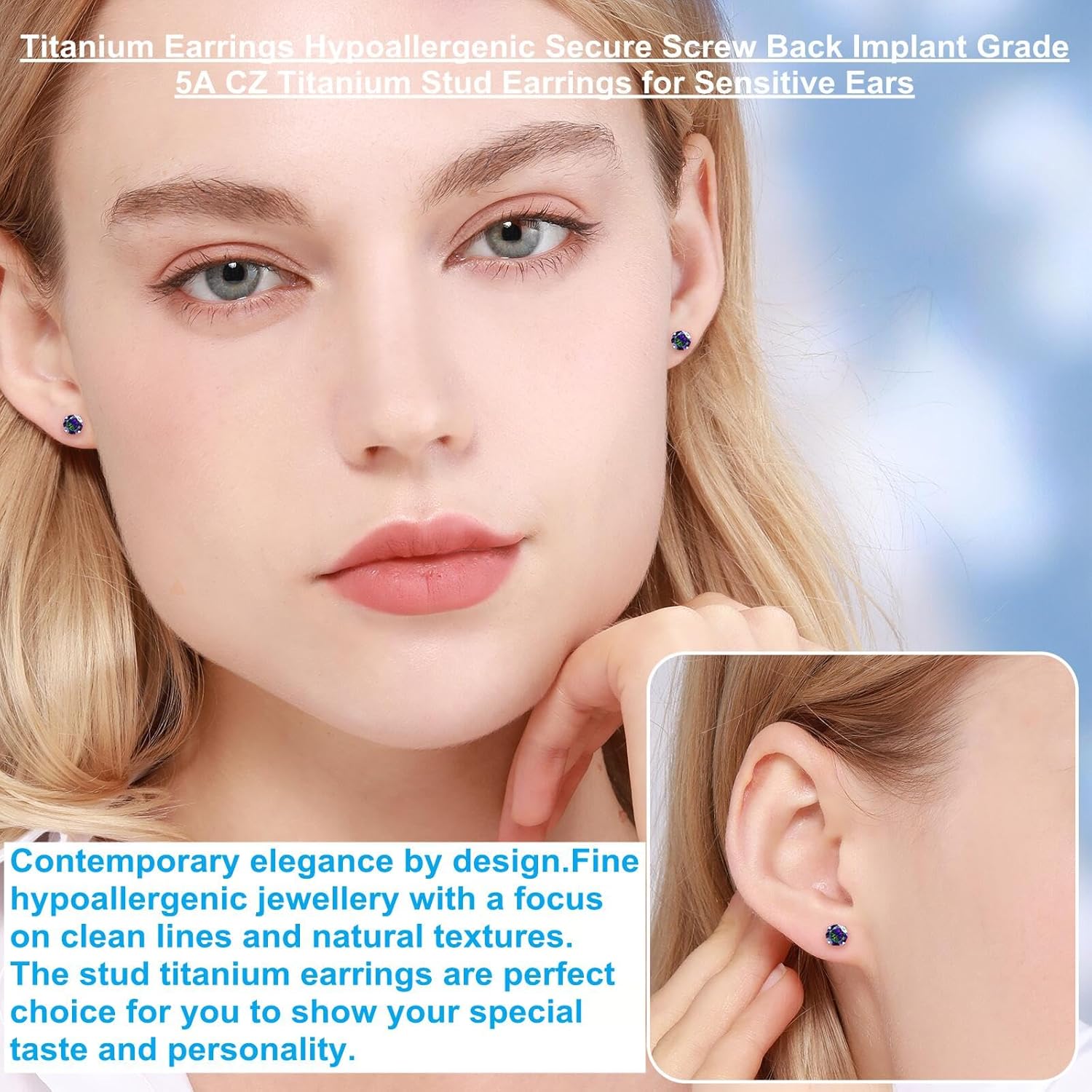 VGACETI Titanium Earrings, Hypoallergenic Screw Back G23 Implant Grade 20G Titanium Simulated Diamond Earrings for Sensitive Ears 5mm 5A Cubic Zirconia Stud Earrings for Women Men - Image 4