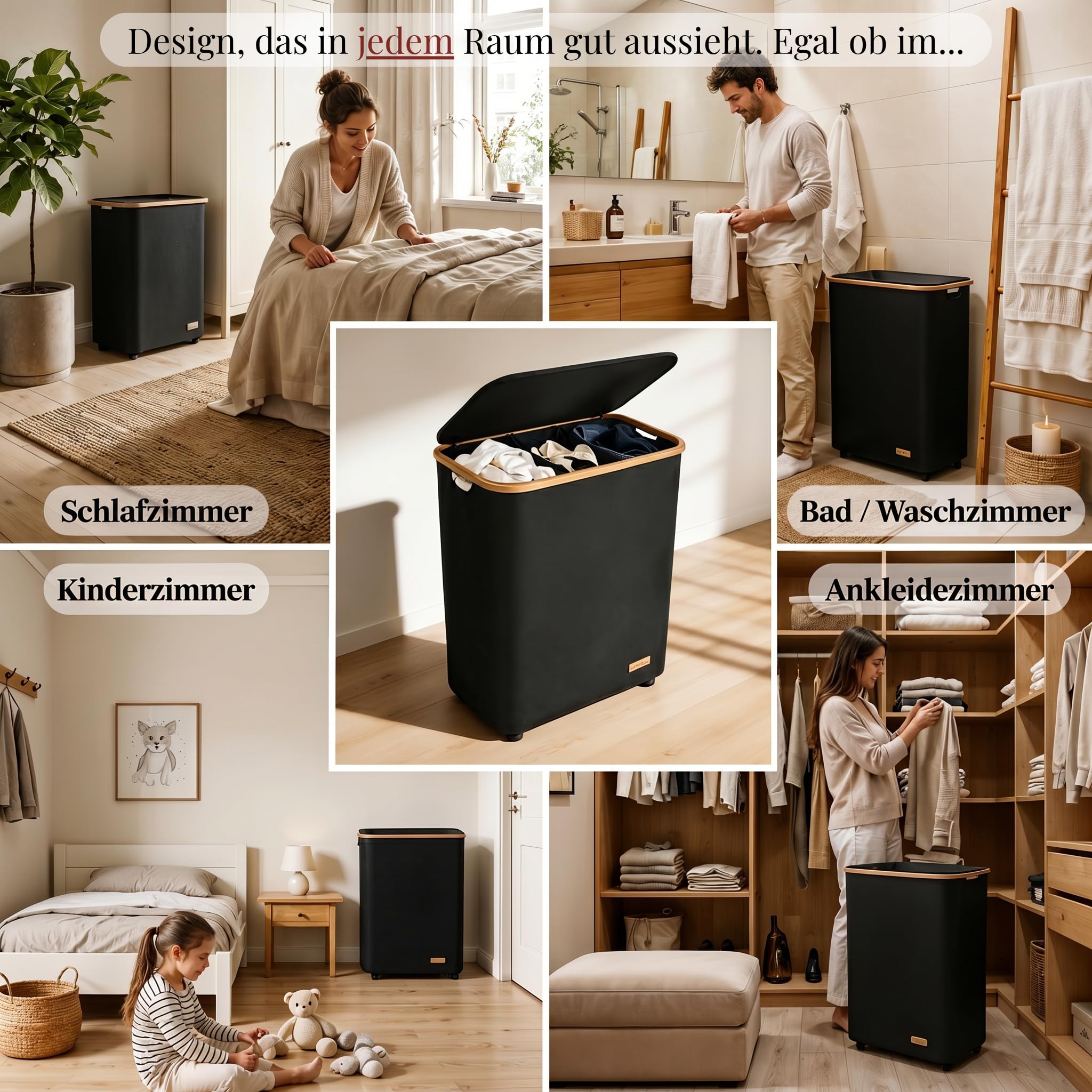 HomyFeel - Wäschekorb 3 Fächer rollbar, 160L Wäschesammler mit Deckel, Wäschesortierer groß, Oxford Gewebe, herausnehmbarer wäschesack, Wäschebox auf Rollen, Griffe aus Bambus, 57x37,5x79cm, Schwarz