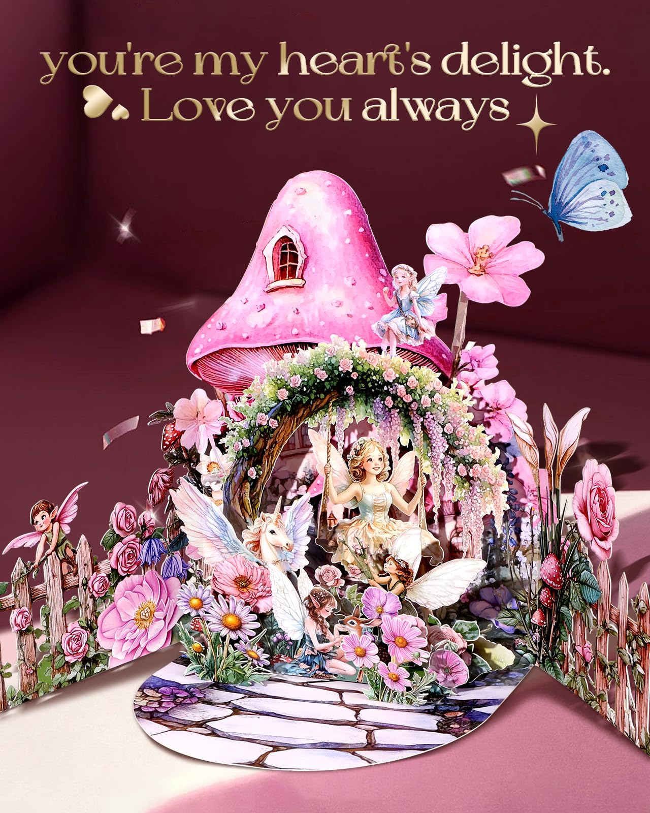 Tarjeta desplegable para el día de San Valentín, diseño de casa de hongos y unicornio de hadas, tarjetas de San Valentín 3D con sobres, tarjeta de felicitación romántica para él, su marido,